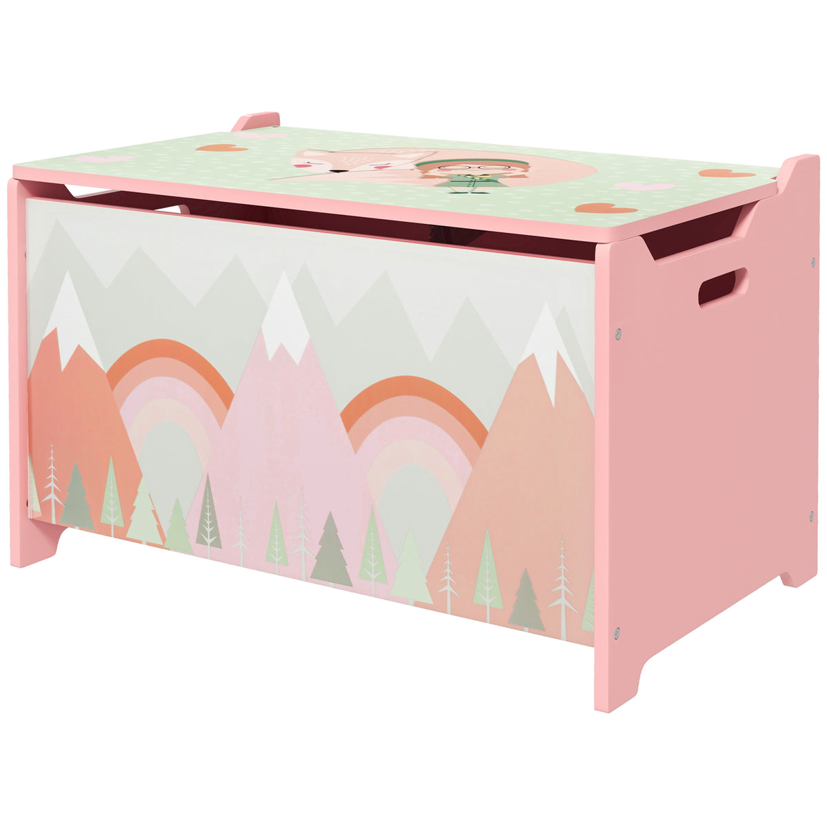 Qaba Toy Box, Kids Storage Chest with Lid, Safety Hinges and Groove Handles, Toy Storage Organizer with Rainbow Pattern for Boys, Girls, Pink