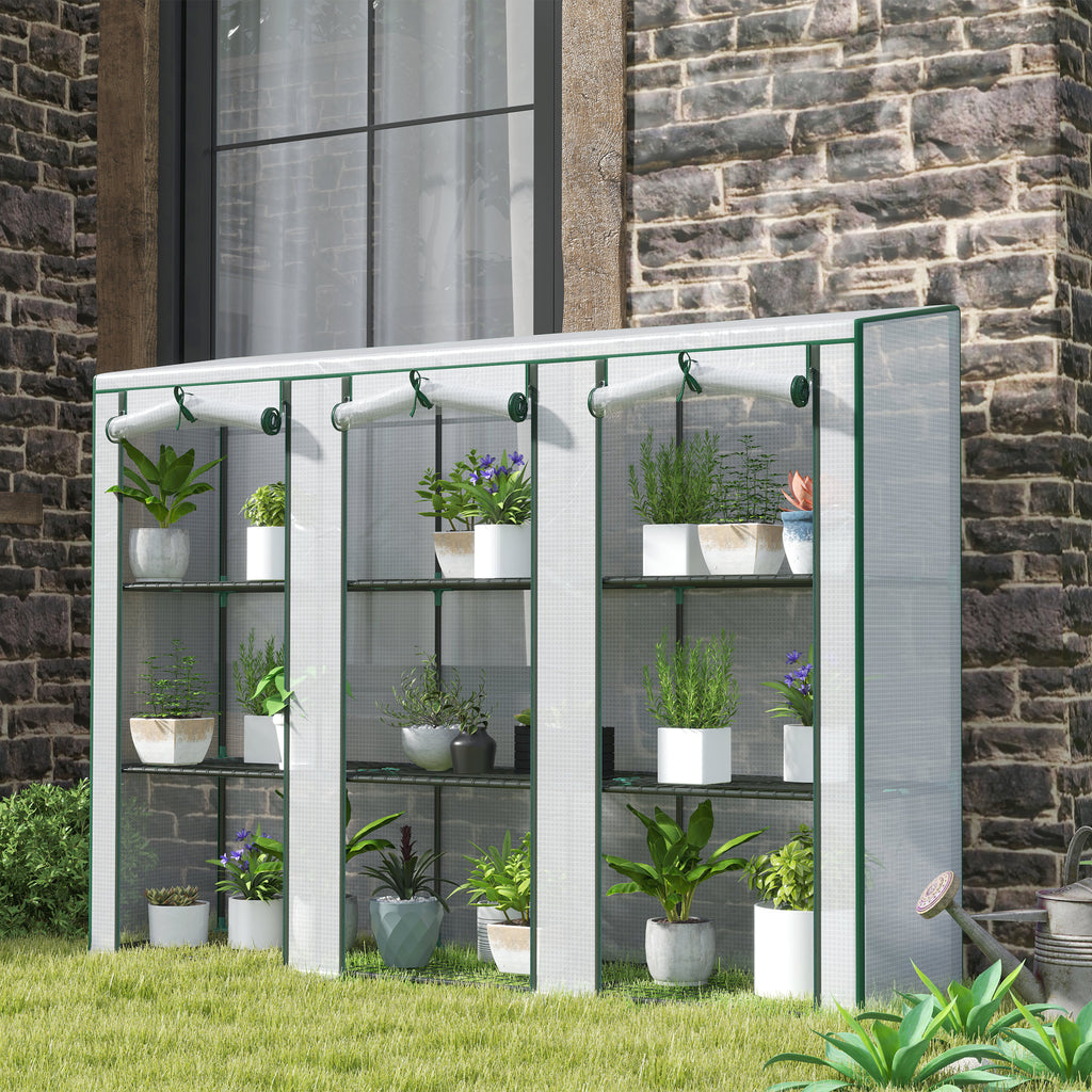 Lean-to Greenhouse with 3 Tier Shelves, Mini Greenhouse with 3 Roll-Up Doors for Indoor Outdoor, Green