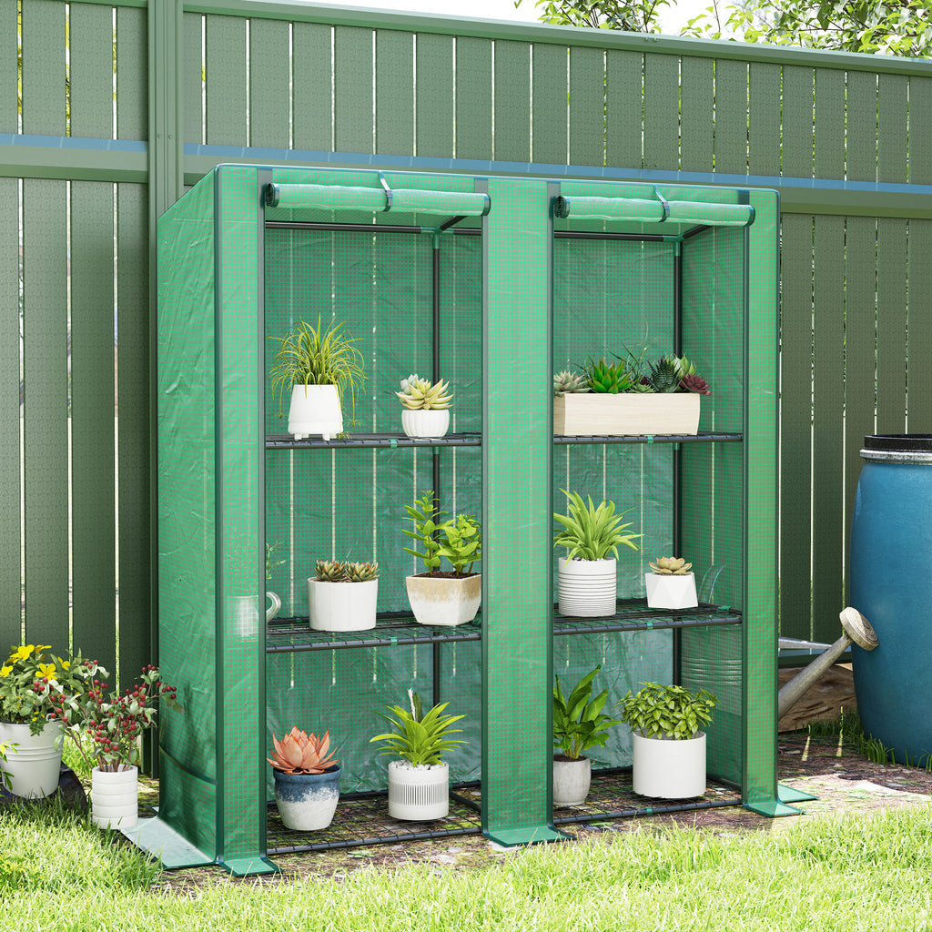 Lean-to Greenhouse with 3 Tier Shelves, Mini Greenhouse with 3 Roll-Up Doors for Indoor Outdoor, Green