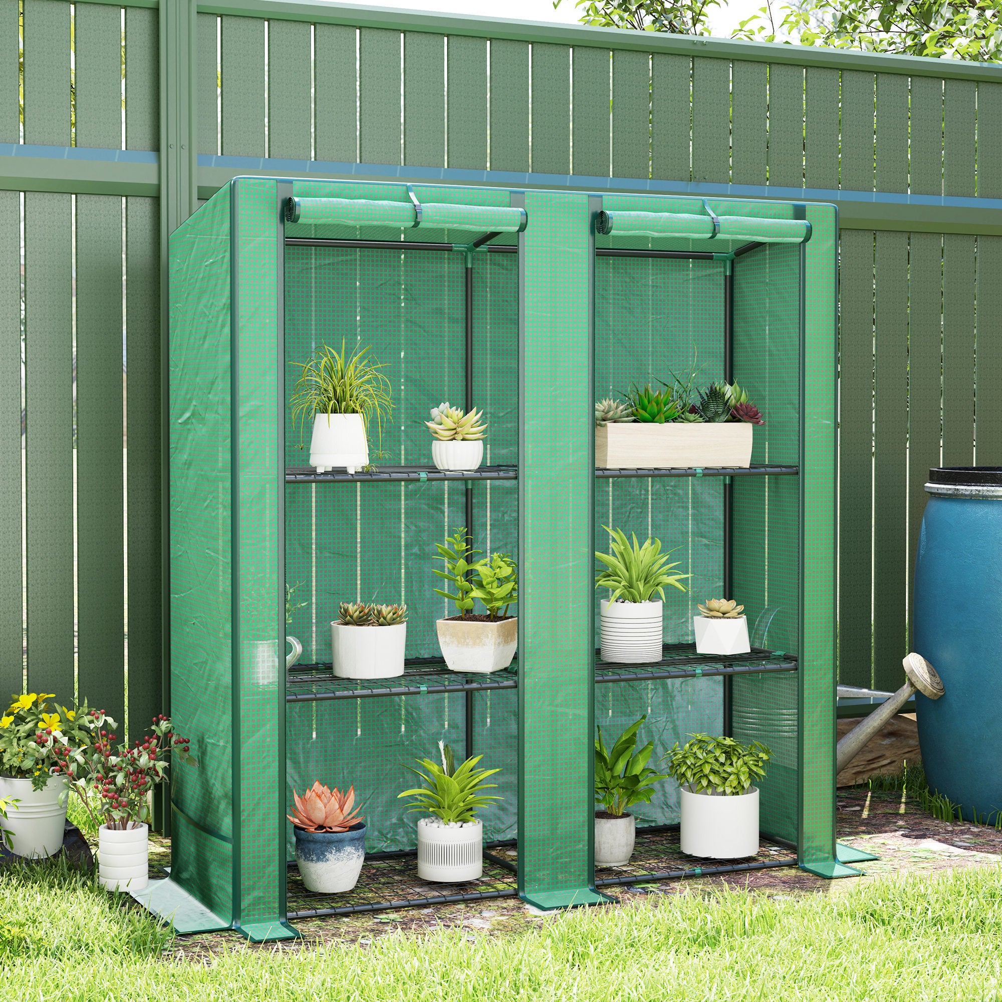 Lean-to Greenhouse with 3 Tier Shelves, Mini Greenhouse with 3 Roll-Up Doors for Indoor Outdoor, Green
