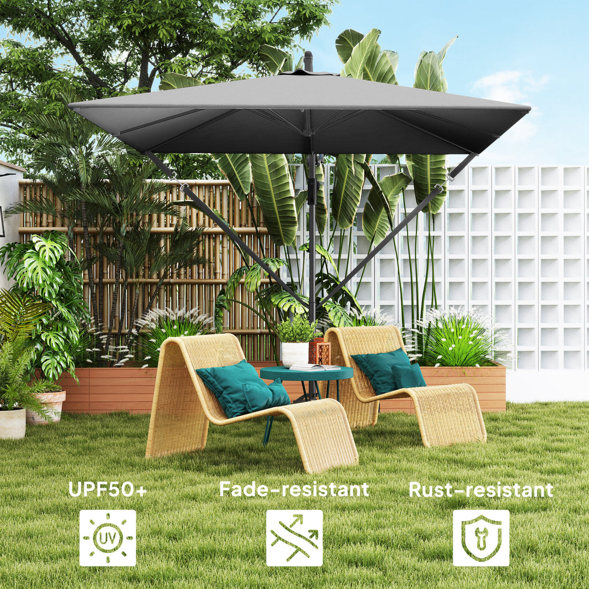 Patio Offset Umbrella UPF 50+ UV Protection, Crank Parasol with Base, Cover & Wind Securing, Khaki