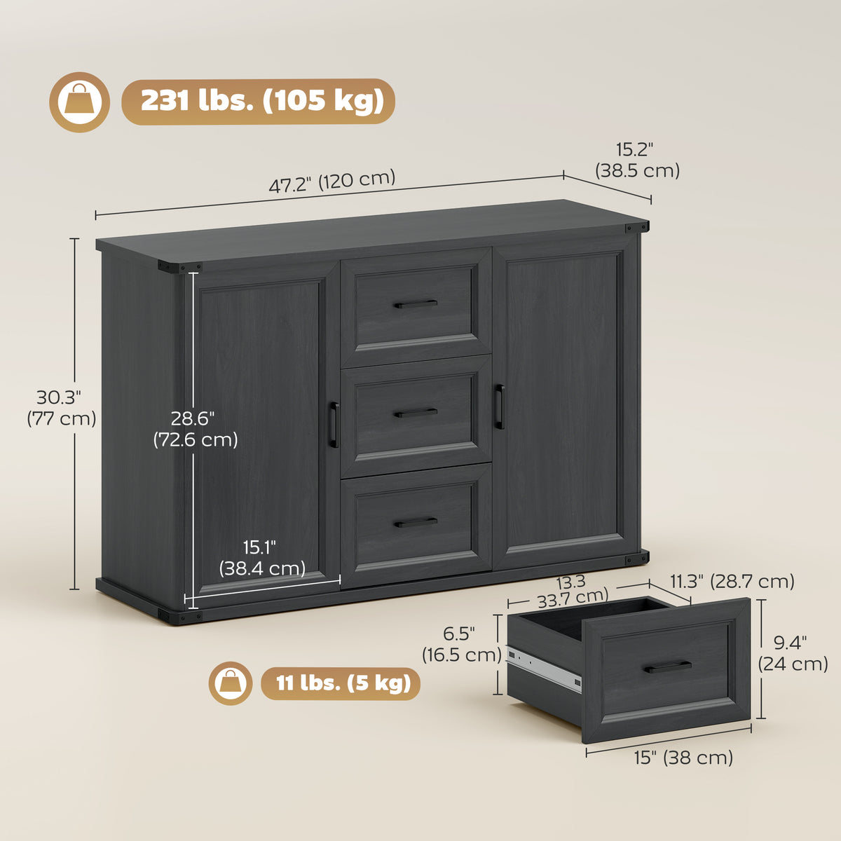 Sideboard with 3 Drawers and 2 Doors, 47" Buffet Cabinet with Adjustable Shelves for Kitchen, Black Wood Grain