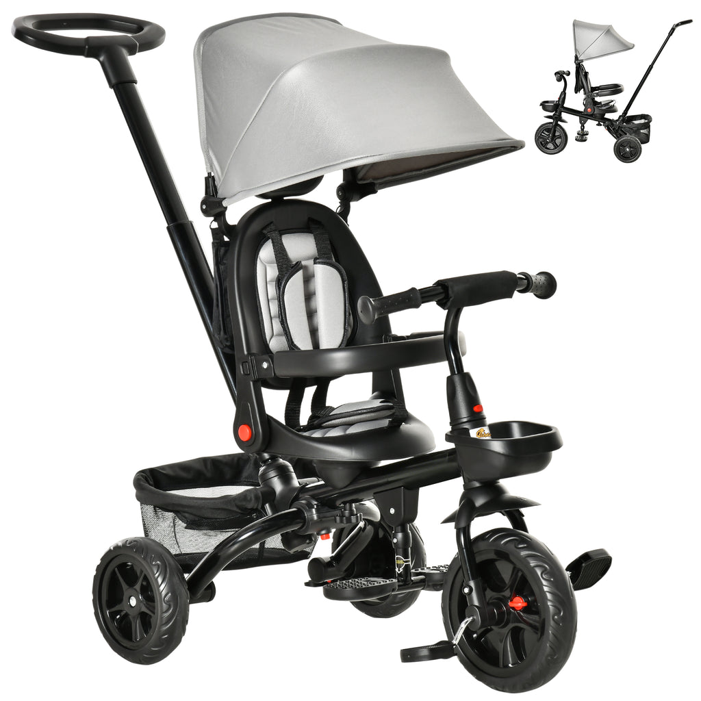 Qaba Tricycle for Toddler 5 in 1 Kids Trike, Foldable Converts Stroller to Toddler Bike, Adjustable Backrest & Curved Canopy, Detachable Guardrail & Handle for 1-5 Years Old, Grey