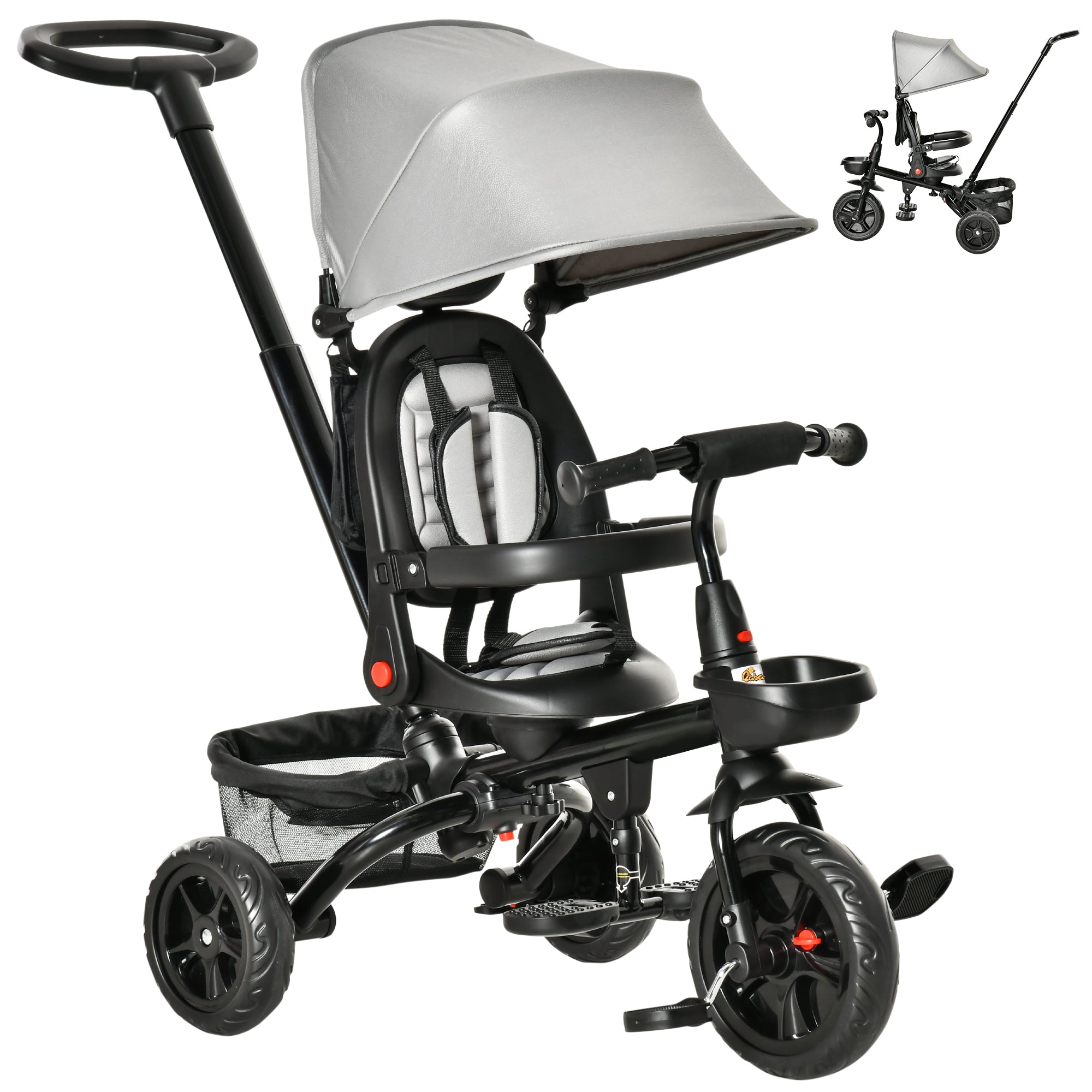 Qaba Tricycle for Toddler 5 in 1 Kids Trike, Foldable Converts Stroller to Toddler Bike, Adjustable Backrest & Curved Canopy, Detachable Guardrail & Handle for 1-5 Years Old, Grey