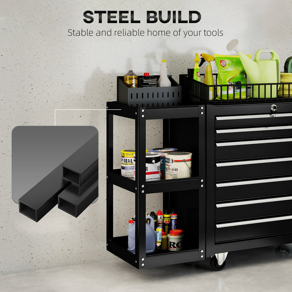 7-Drawer Rolling Tool Chest with Detachable Side Shelf, Lockable Tool Cabinet Box Organizer with Wheels, Black