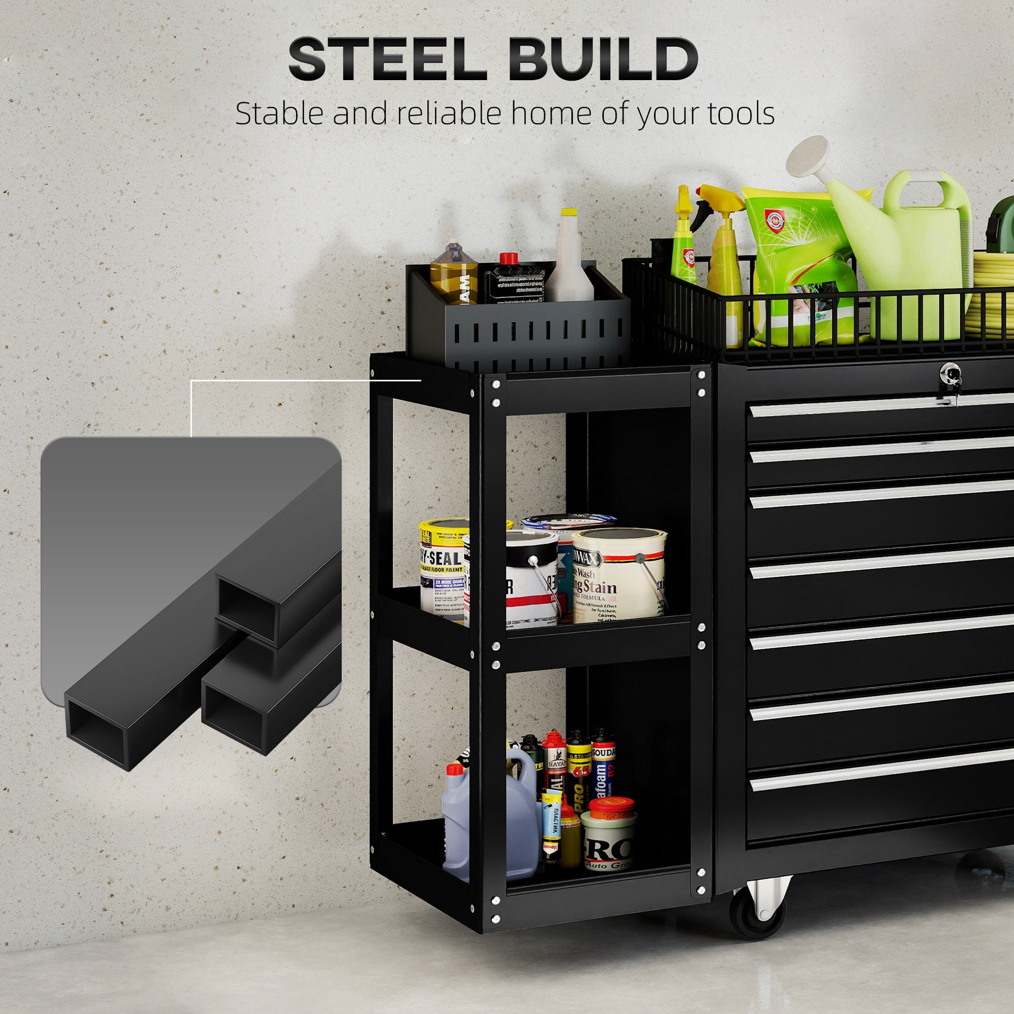 7-Drawer Rolling Tool Chest with Detachable Side Shelf, Lockable Tool Cabinet Box Organizer with Wheels, Black