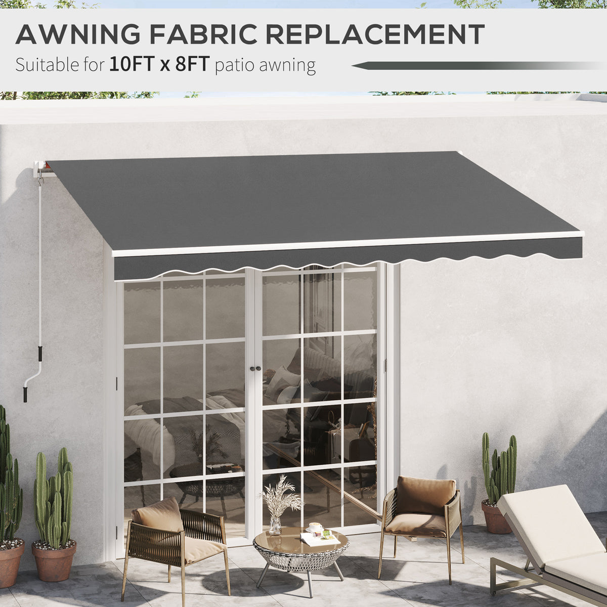 10' x 8' ርትራክታብል ኣውኒንግ ፋብሪክ ምትካእ ደገ ፀሓይ መከላኸሊ ካኖፒ ኣውኒንግ ከበቢ፣ ካብ UV መከላኸሊ፣ ግራጫ