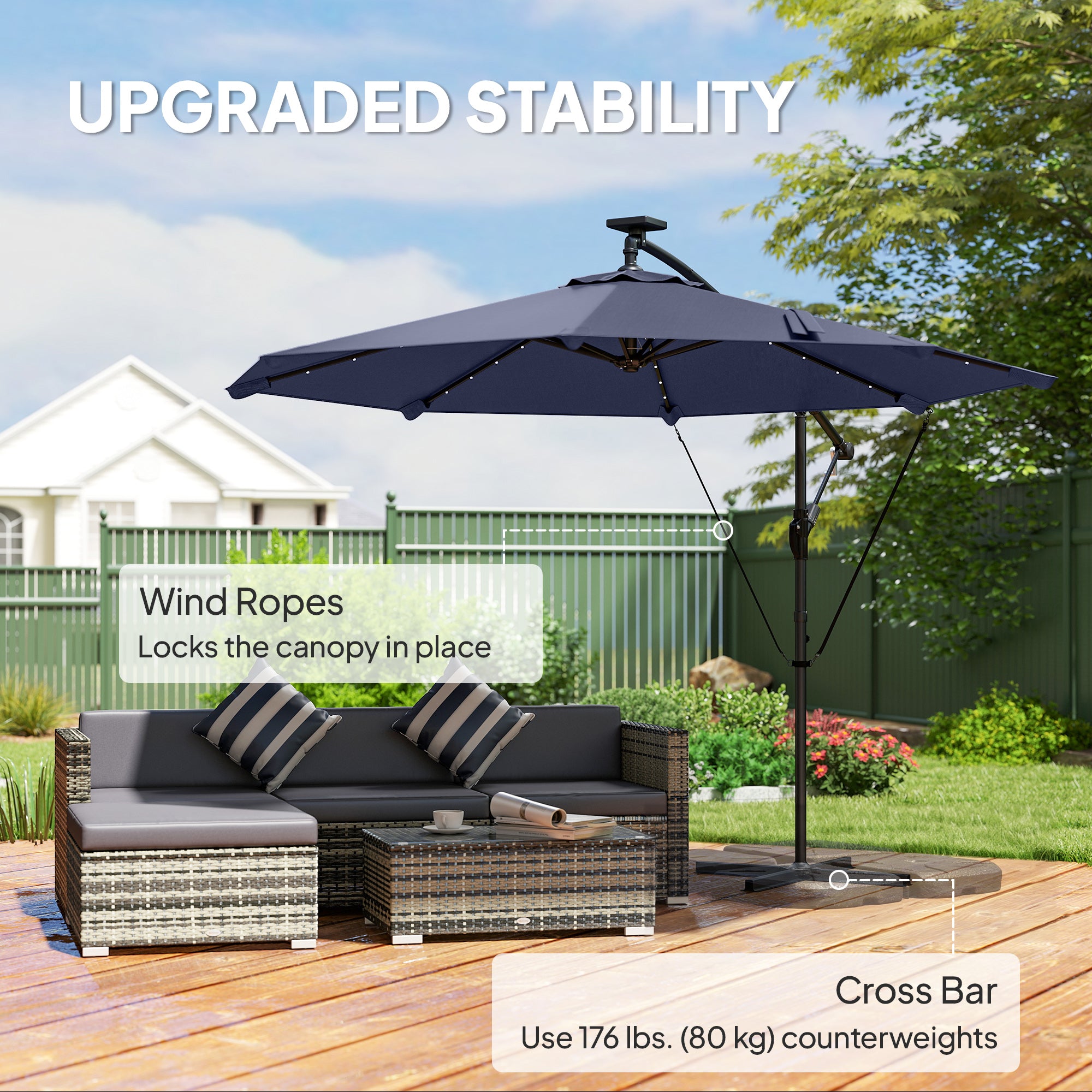 9.7ft Solar LED Cantilever Patio Umbrella with 32 LED Lights, Cross Base, Crank Handle, for Poolside, Deck, Dark Grey