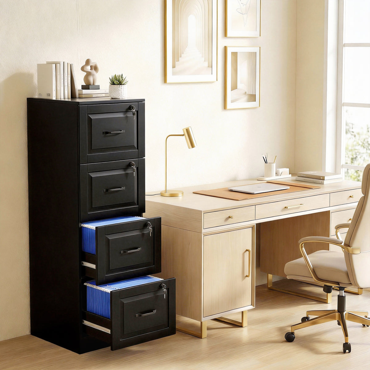 3 Drawer File Cabinet with Lock, Vertical Filing Cabinet with Adjustable Hanging Bars for A4 and Letter Size, Black
