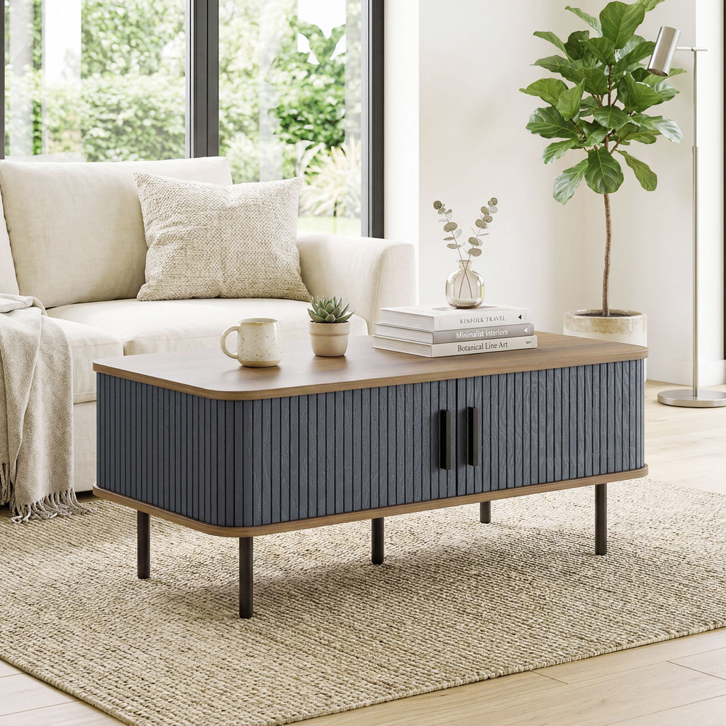 Nordic Side Table ምስ Fluted Tambour ዝንቀሳቐስ ማዕጾታትን ኣስራሓ እግሩን፣ መበሊ ዕቑር ንዘቕርብ ሳንዱቕ ንመቀመጢ ክፍሊ፣ ጸሊም