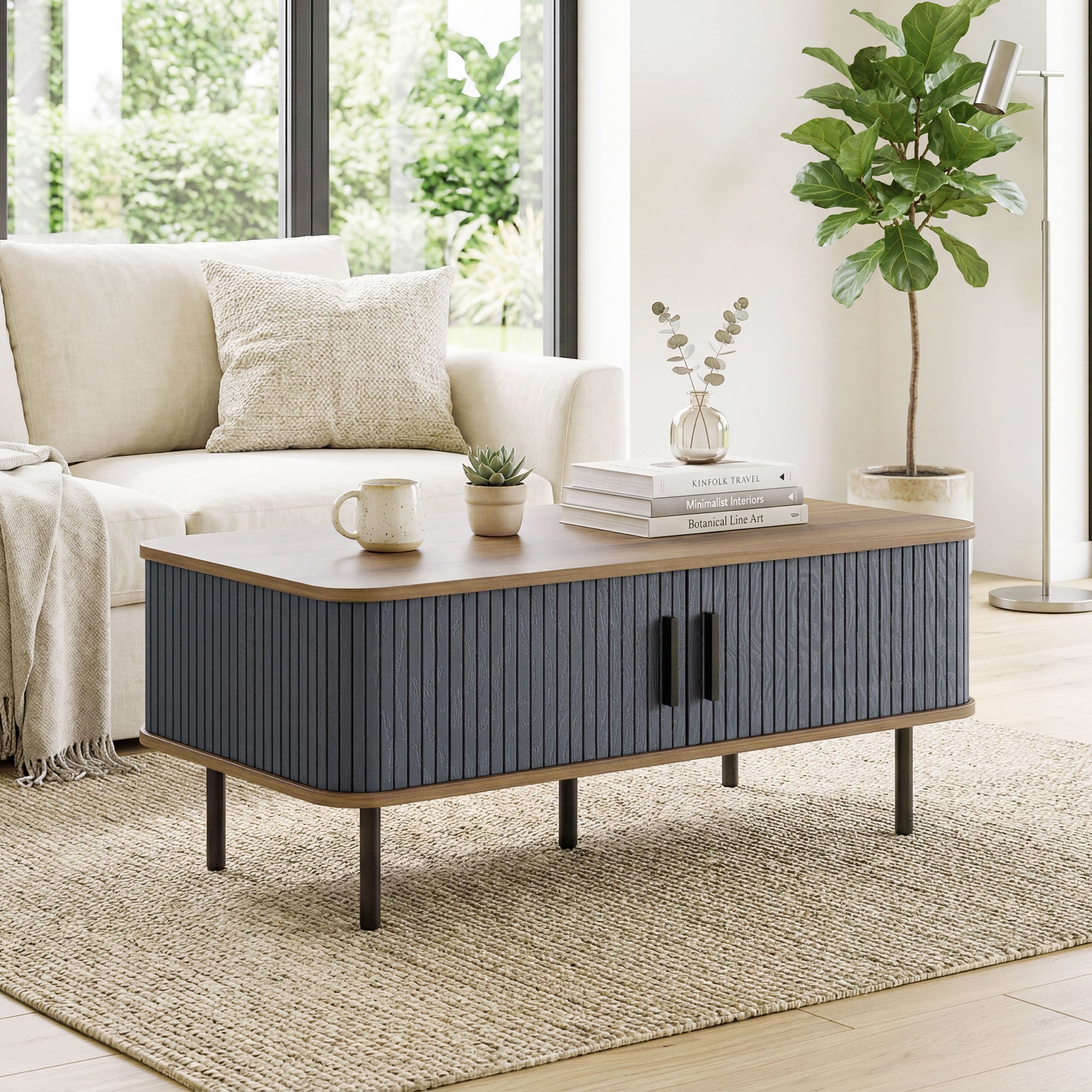 Nordic Side Table ምስ Fluted Tambour ዝንቀሳቐስ ማዕጾታትን ኣስራሓ እግሩን፣ መበሊ ዕቑር ንዘቕርብ ሳንዱቕ ንመቀመጢ ክፍሊ፣ ጸሊም