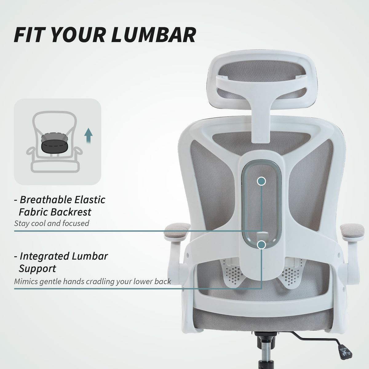 Ergonomic Office Chair, Swivel Desk Chair with Adjustable Lumbar Support, Headrest and Height, Flip-up Armrests, Grey