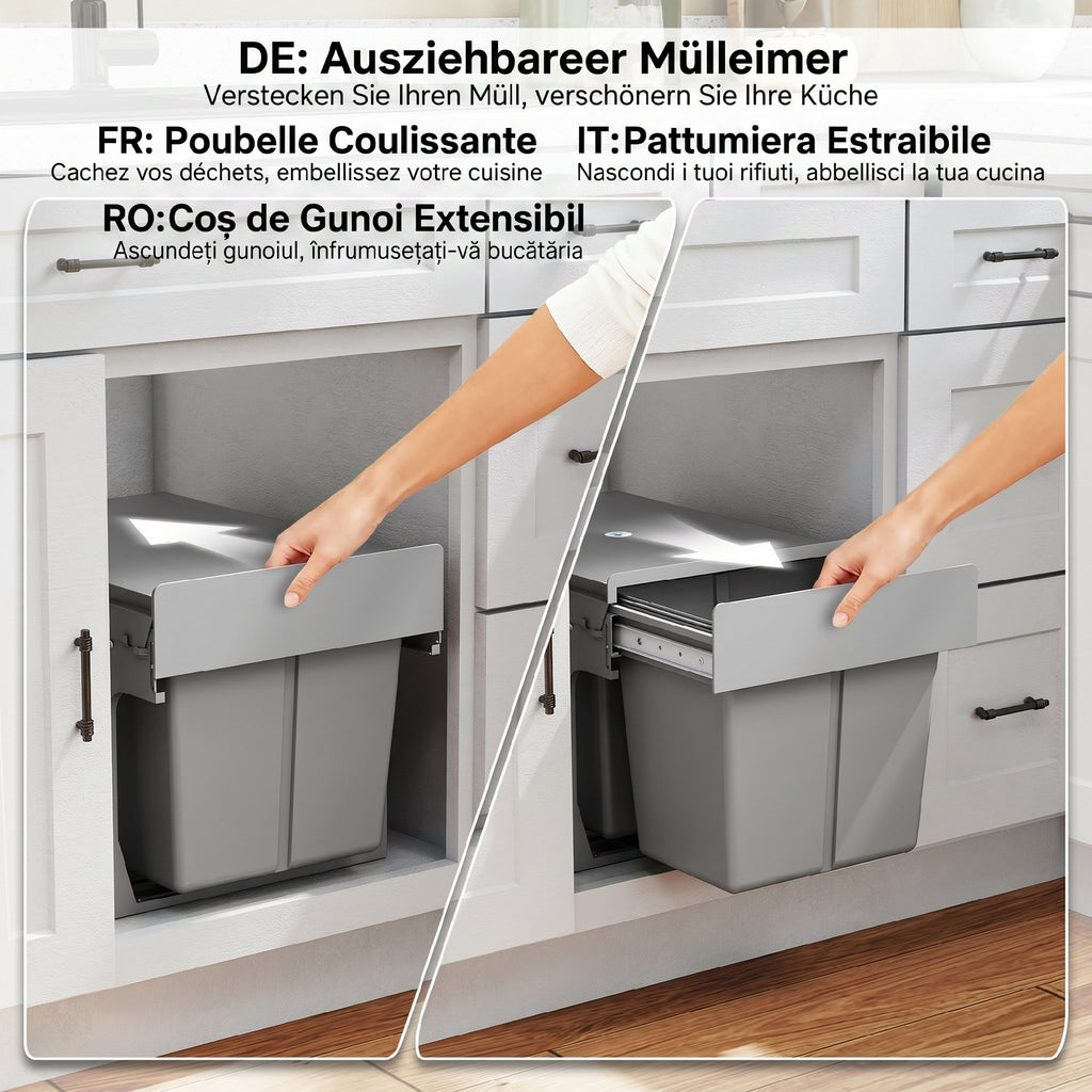 Pull Out Bin, Under Sink Garbage Can with 2 Removable Compartments (4 gallon Each) for Kitchen Waste, Light Grey