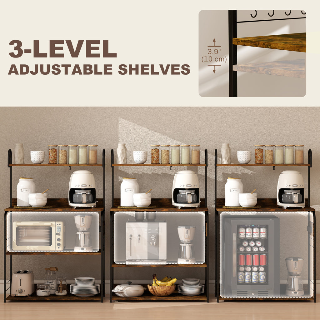 Baker's Rack with Charing Station, Microwave Shelf with Power Outlet, USB Charger and 5 Hooks, Rustic Brown