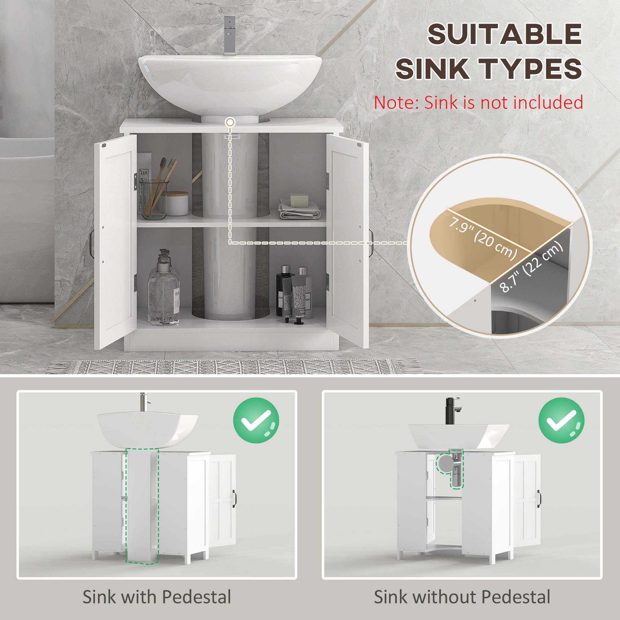 Pedestal Under Sink Cabinet, Bathroom Vanity Cabinet Storage with Double Doors and Adjustable Shelf, White