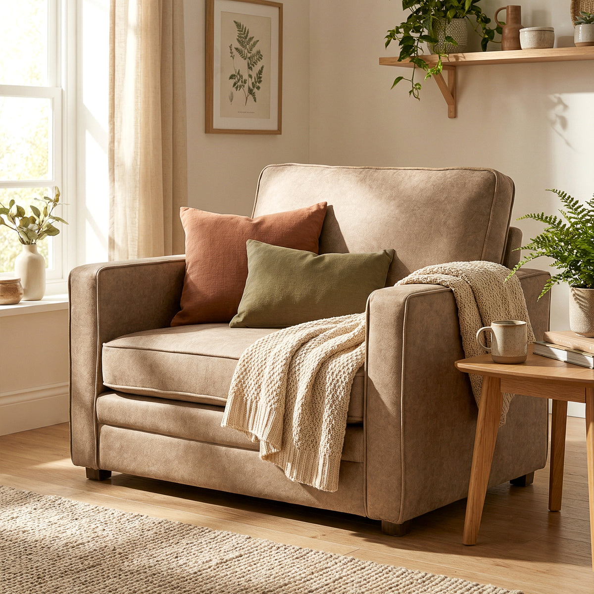 Accent Chair, Velvet-feel Fabric Armchair with Wide Seat, Spring Cushion, Solid Wood legs, Brown