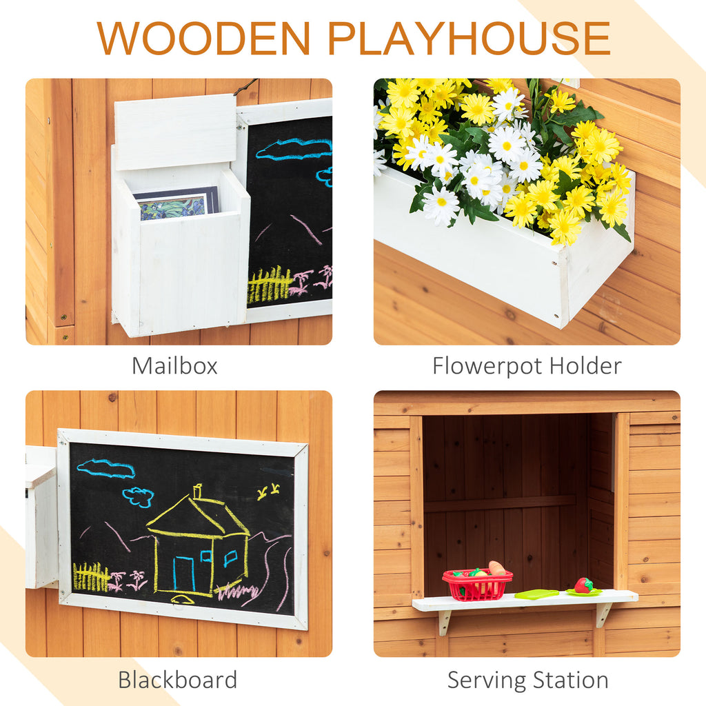 Wooden Outdoor Playhouse for Kids with Working Door, Windows, Mailbox, Bench, Flowers Box and Blackboard, Yellow