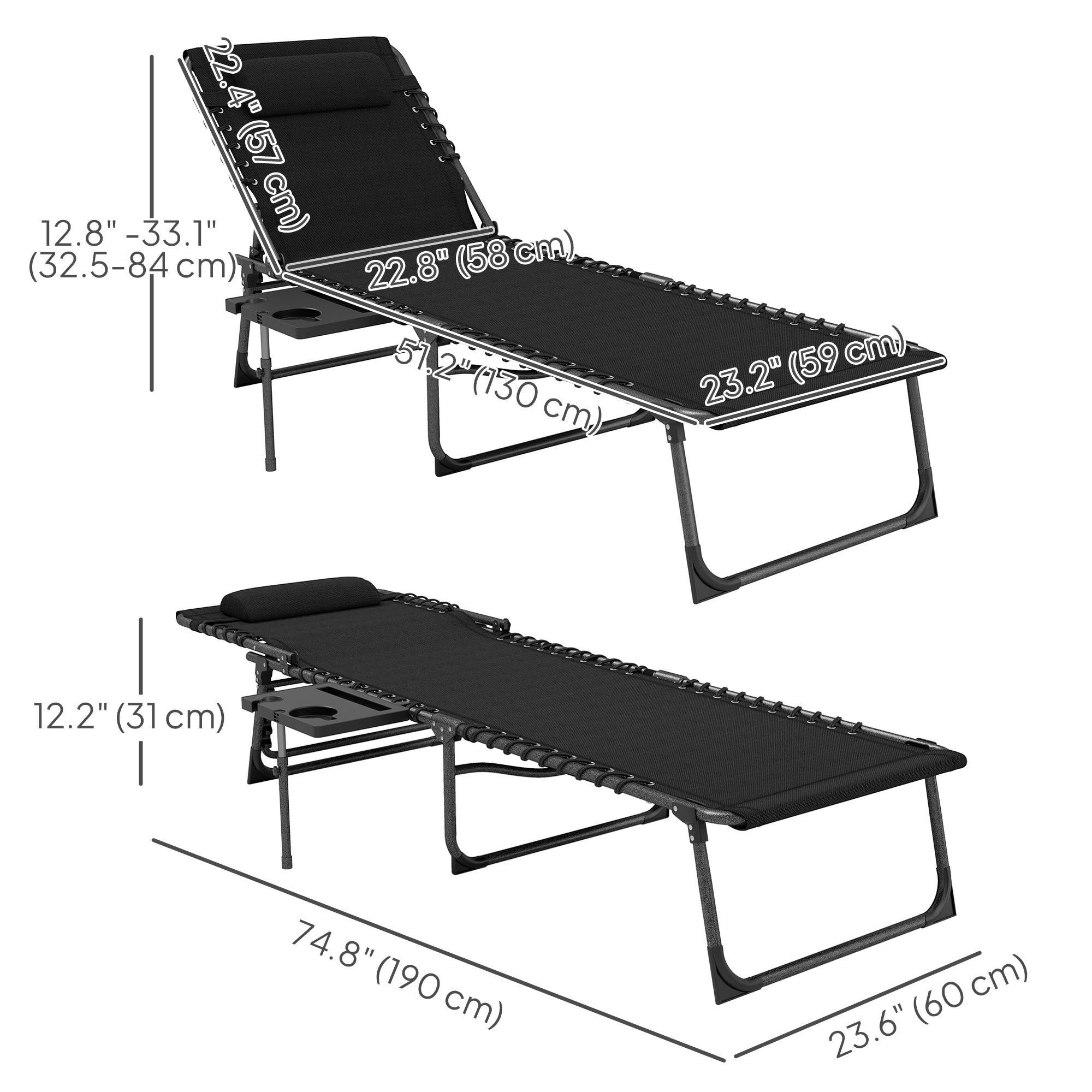 Folding Lounge Chair, Outdoor Chaise Lounge Tanning Chair with Adjustable Back, Side Table, Headrest, Red