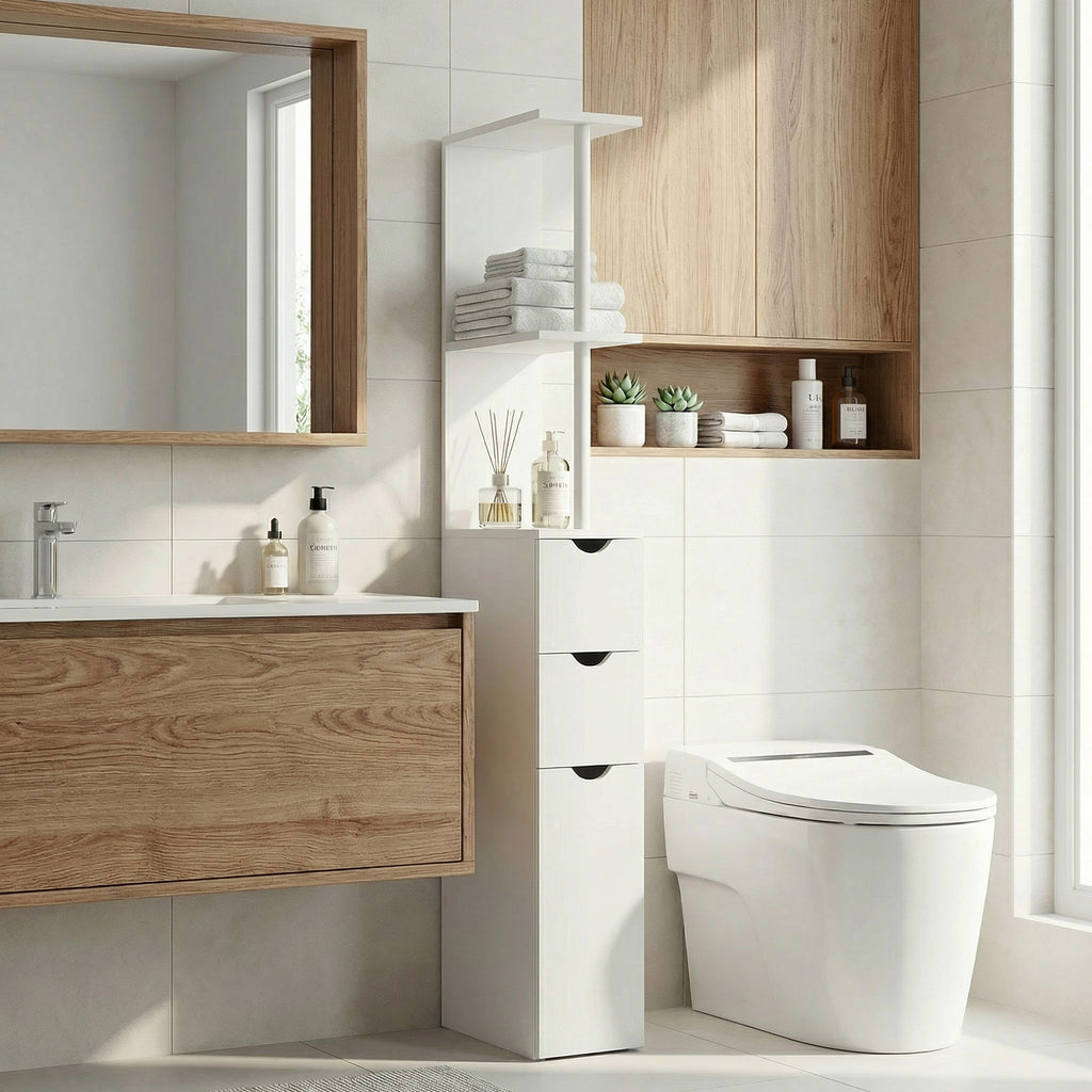 Tall Bathroom Storage Cabinet, Narrow Bathroom Cabinet with Drawers and Open Shelves for Small Spaces, Brown
