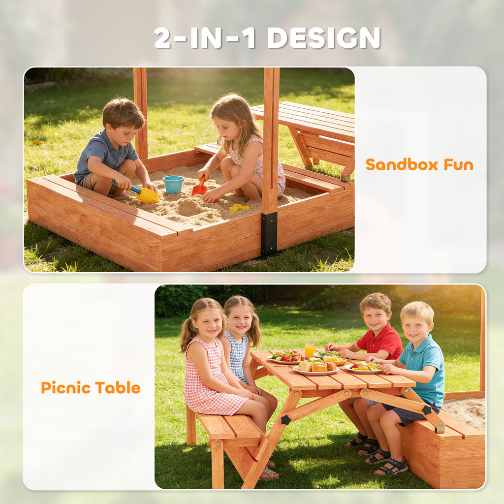 Qaba Kids Sandbox with Canopy, Wooden Sand Box with Foldable Picnic Table, Bench Seats, Liner, Cover, Gift for Ages 3-8