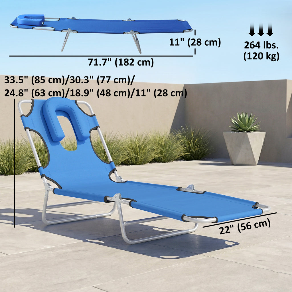Folding Lounge Chair Outdoor, Tanning Chair with Face Hole Arm Slots, Beach Chaise Lounger with Pillow, 5-Position Adjustable Portable Sun Lounger Bed for Pool, Black