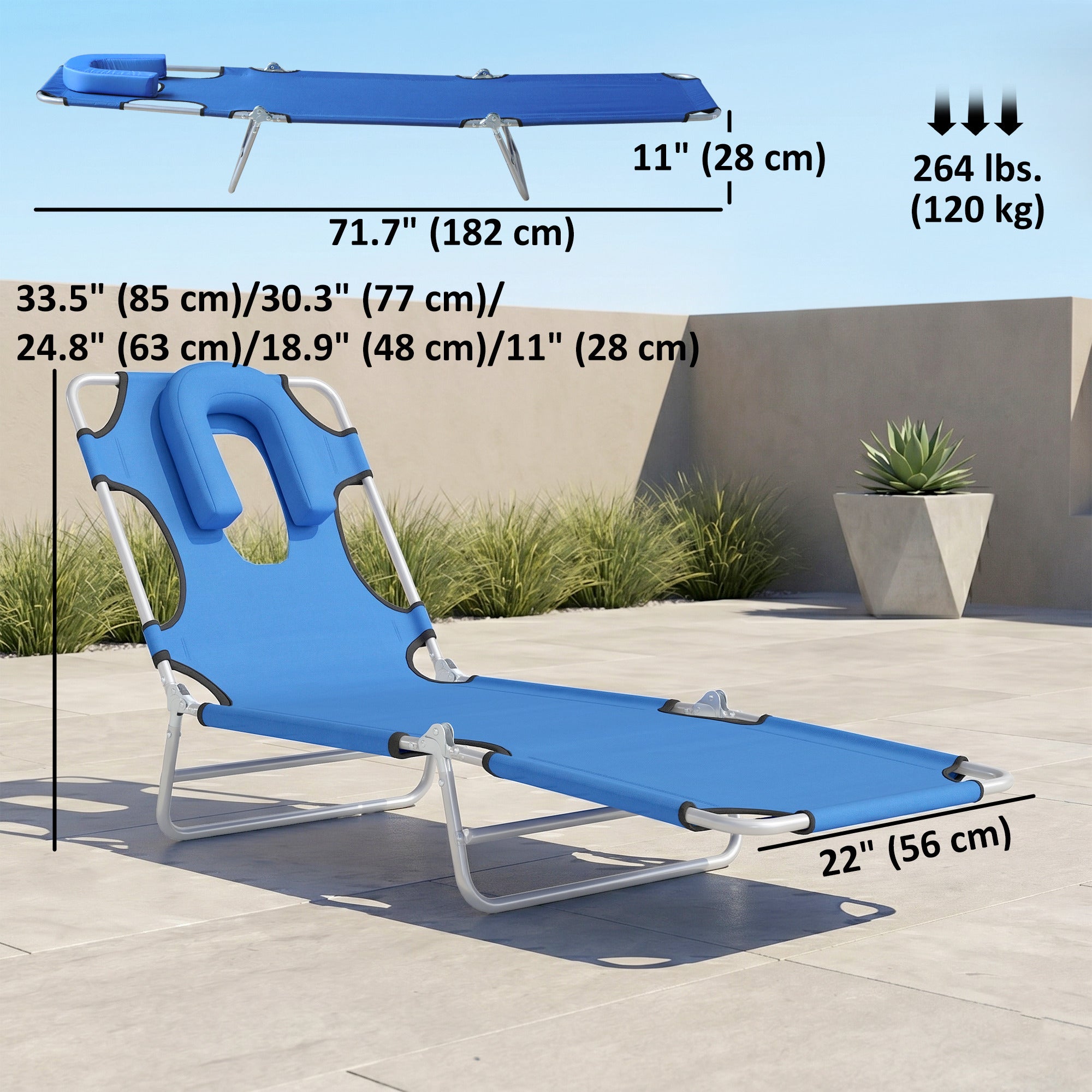 Folding Lounge Chair Outdoor, Tanning Chair with Face Hole Arm Slots, Beach Chaise Lounger with Pillow, 5-Position Adjustable Portable Sun Lounger Bed for Pool, Black
