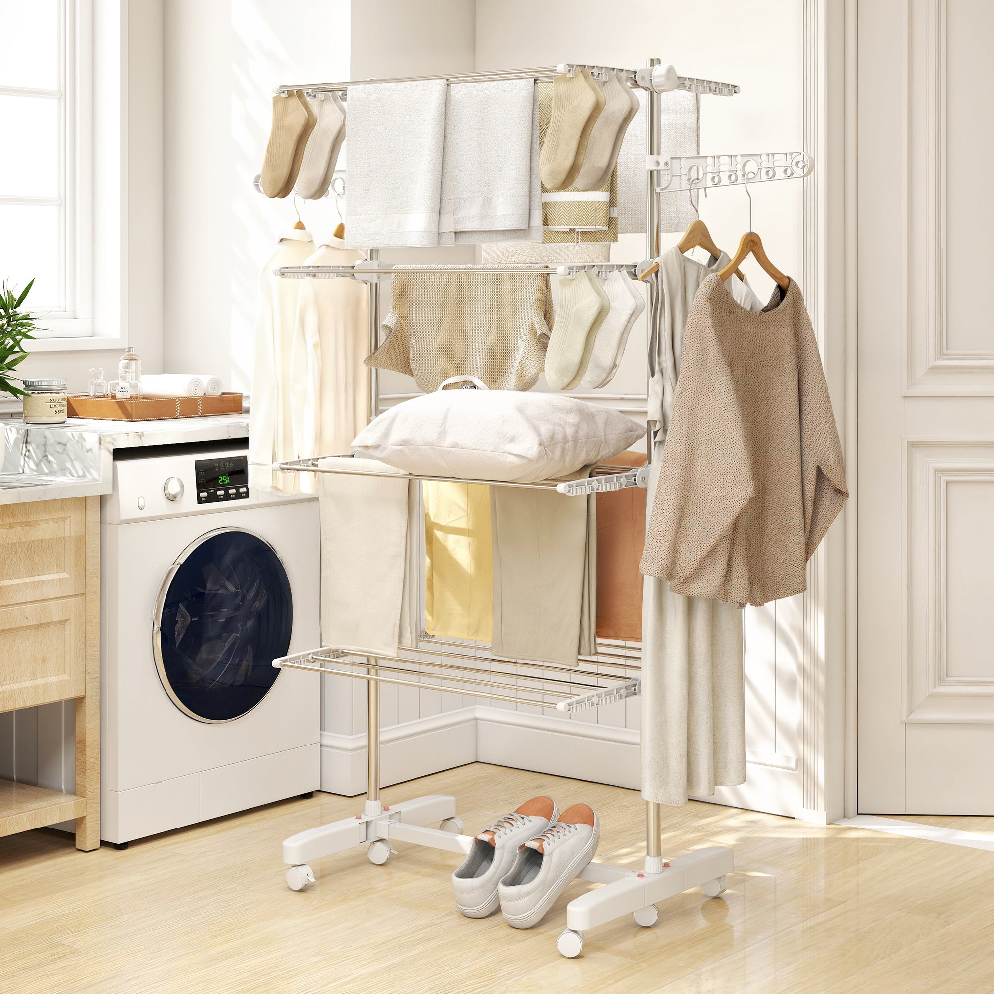 Garment Drying Rack Stainless Steel Folding Clothes Hanging Rack with Side Wings Castors for Indoor Outdoor White