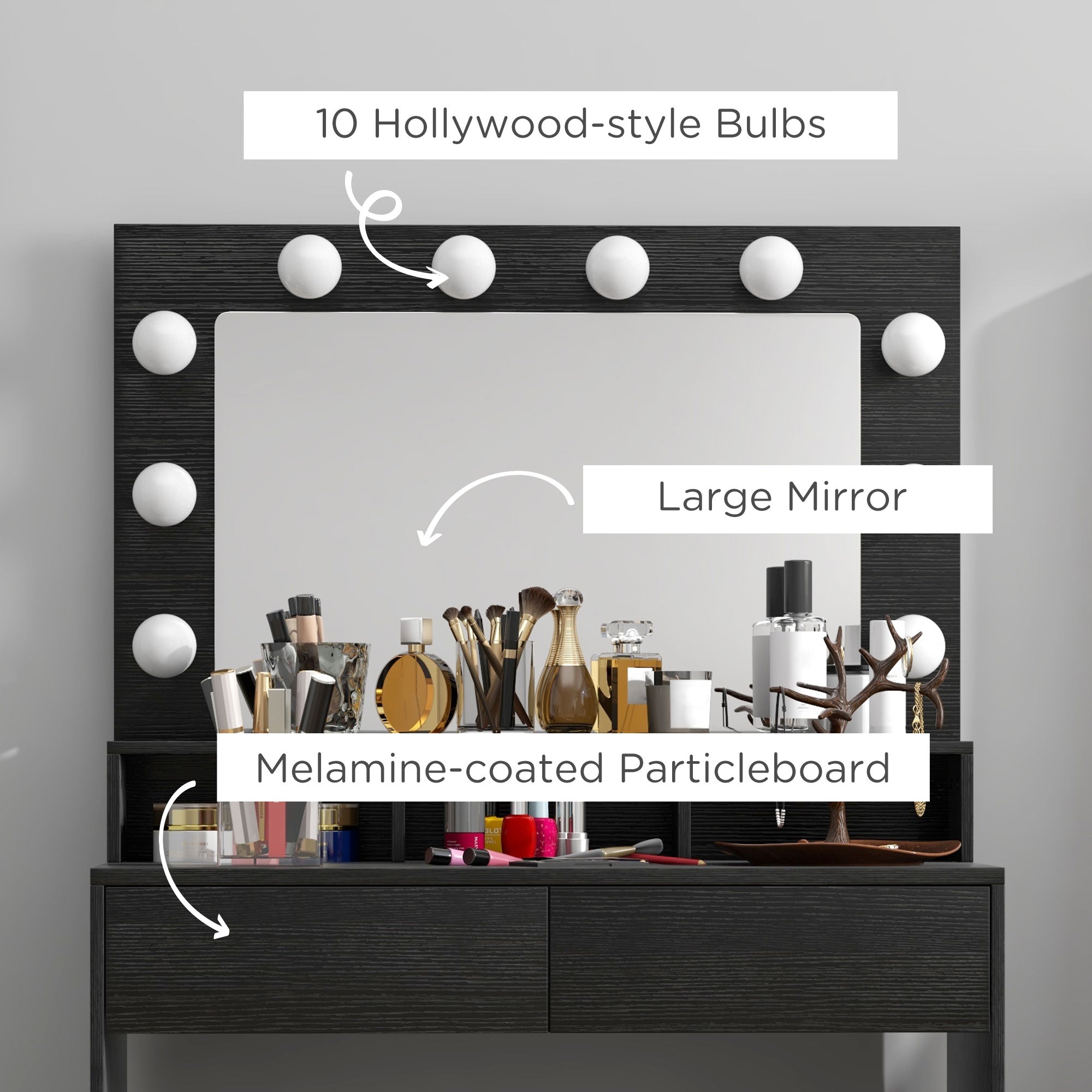 Vanity Table, Makeup Dressing Table with LED Lighting Mirror, Drawers, for Bedroom, Black