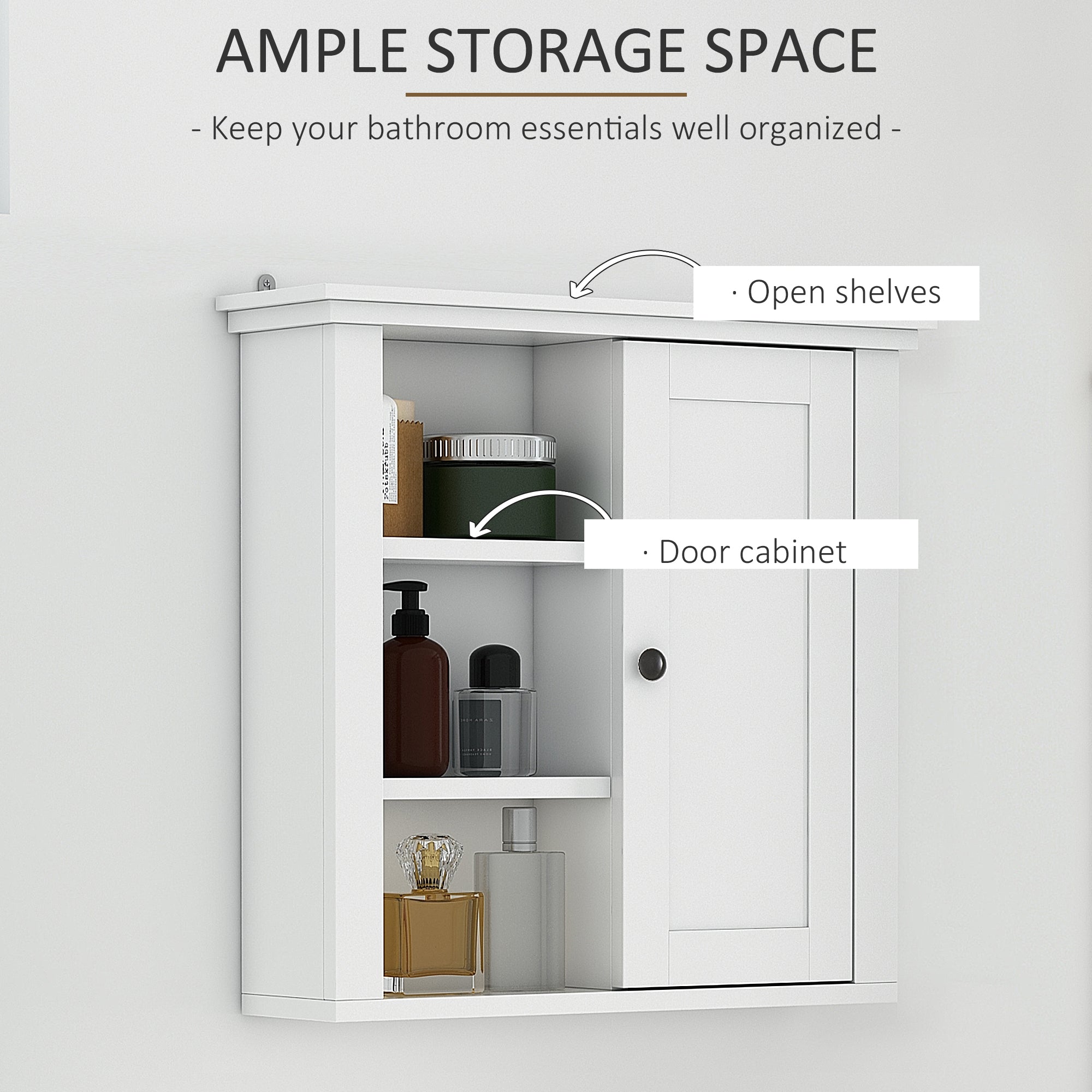 Bathroom Wall Cabinet, Wall Mounted Medicine Cabinet with 3 Open Shelves and Storage Cupboard for Laundry Room, White