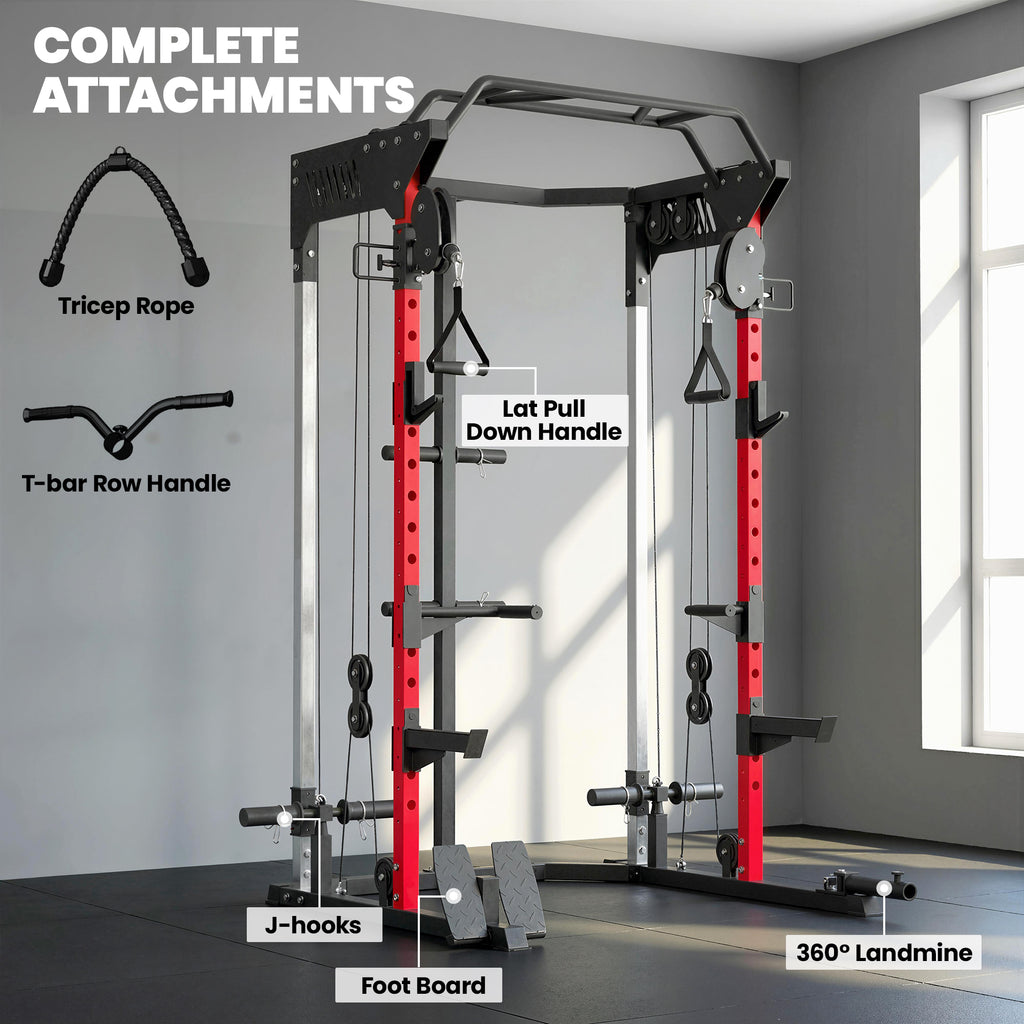 Soozier Power Cage, Power Rack with Adjustable Cable Pulley System, Pull-Up Bar, Dip Station, Landmine