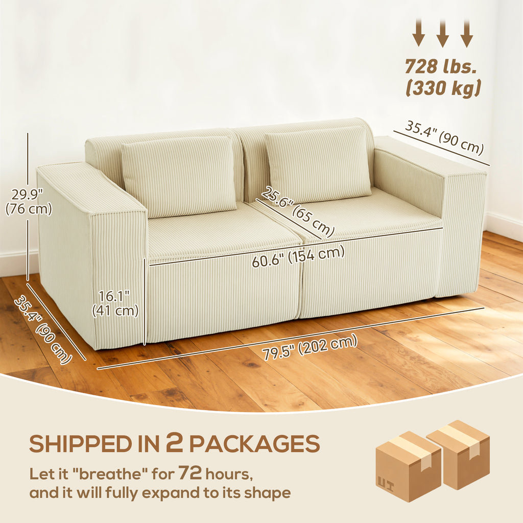 Boneless Couch, Corduroy 3 Seater Sofa with Deep Seat, Wide Armrests, 2 Pillows, Quick Assembly for Living Room, Beige