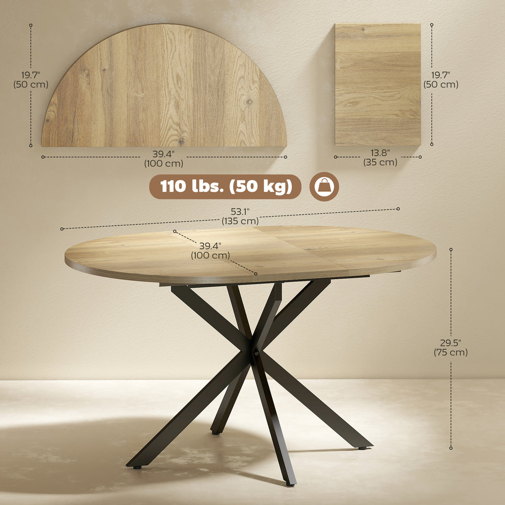 39.5"-53" Extendable Dining Table for 4-6, Industrial Kitchen Table with Butterfly Leaf and X-Shape Base, Natural Wood