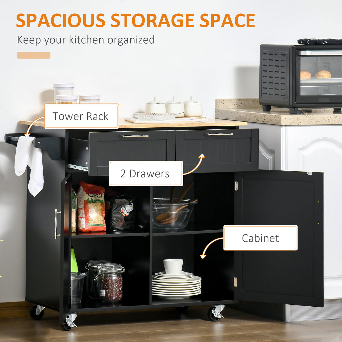 Rolling Kitchen Island, Kitchen Cart on Wheels with 2 Storage Drawers, 3 Door Cabinets and Towel Rack for Dining Room (Grey, 3-Doors)