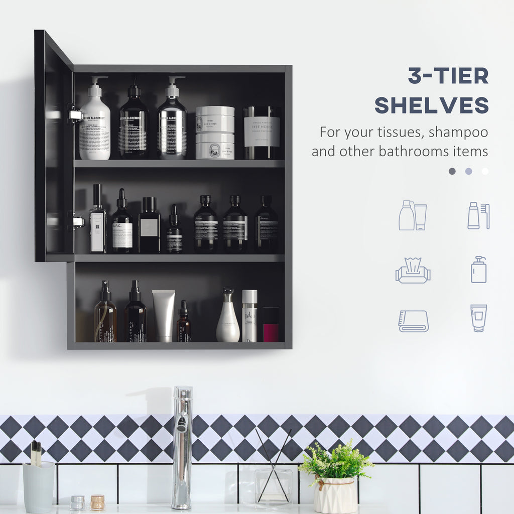 Bathroom Medicine Cabinet, Wall-Mounted Mirror Cabinet with Single Door, Storage Shelves and Stainless Steel Frame for Laundry Room, Black