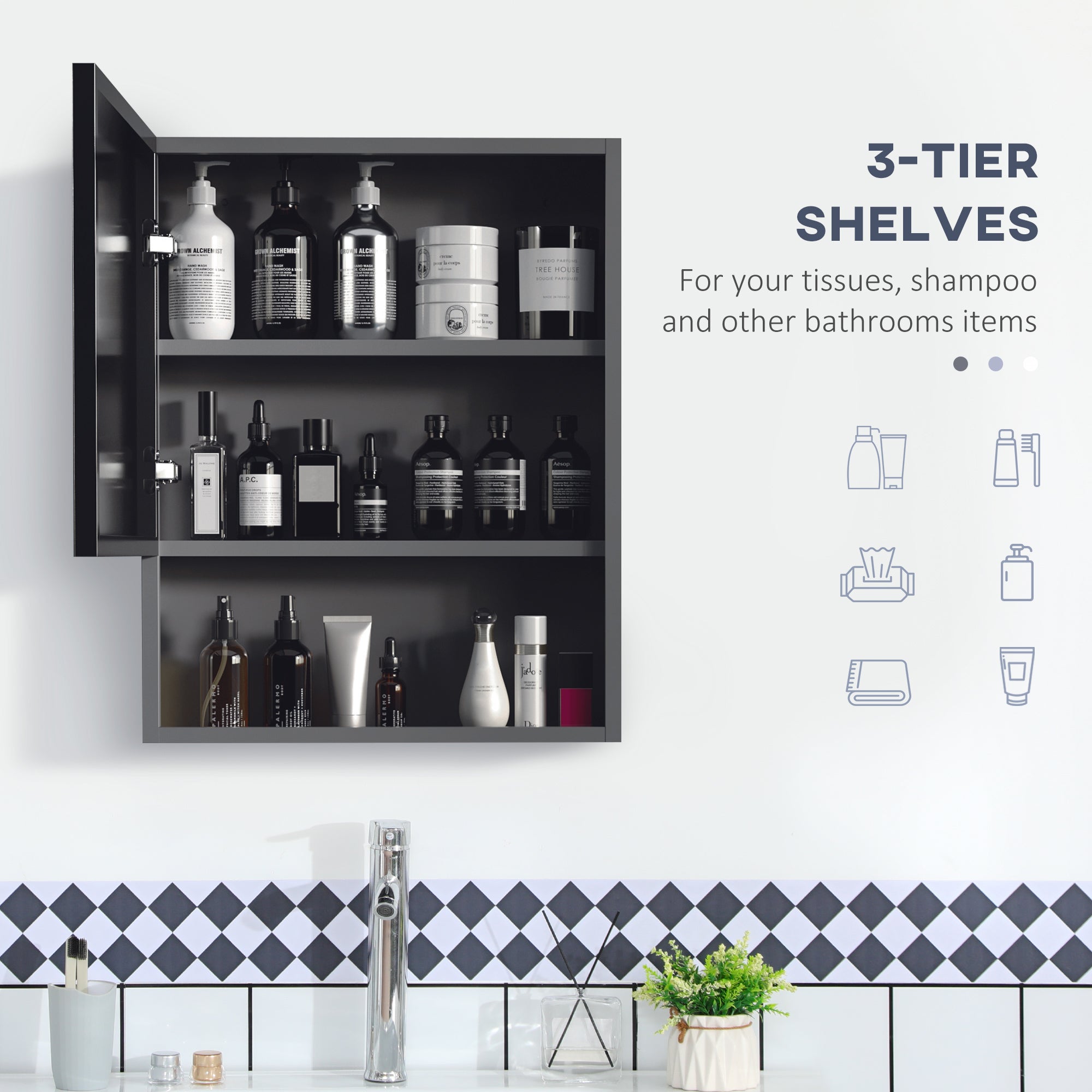 Bathroom Medicine Cabinet, Wall-Mounted Mirror Cabinet with Single Door, Storage Shelves and Stainless Steel Frame for Laundry Room, Black