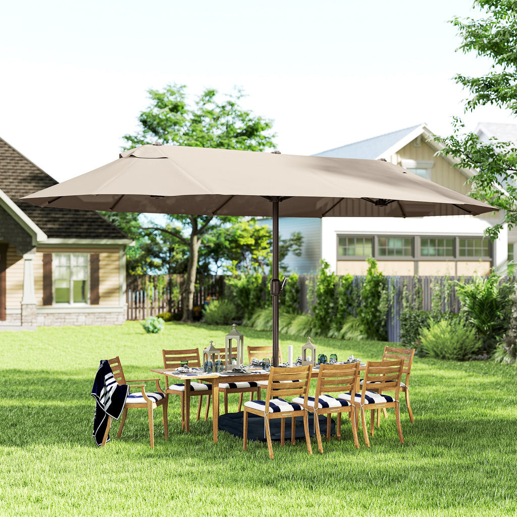 15' Outdoor Patio Umbrella with Twin Canopy Sunshade Steel Table Umbrella w/ Lift Crank, Cross Base, Sandbag, Khaki