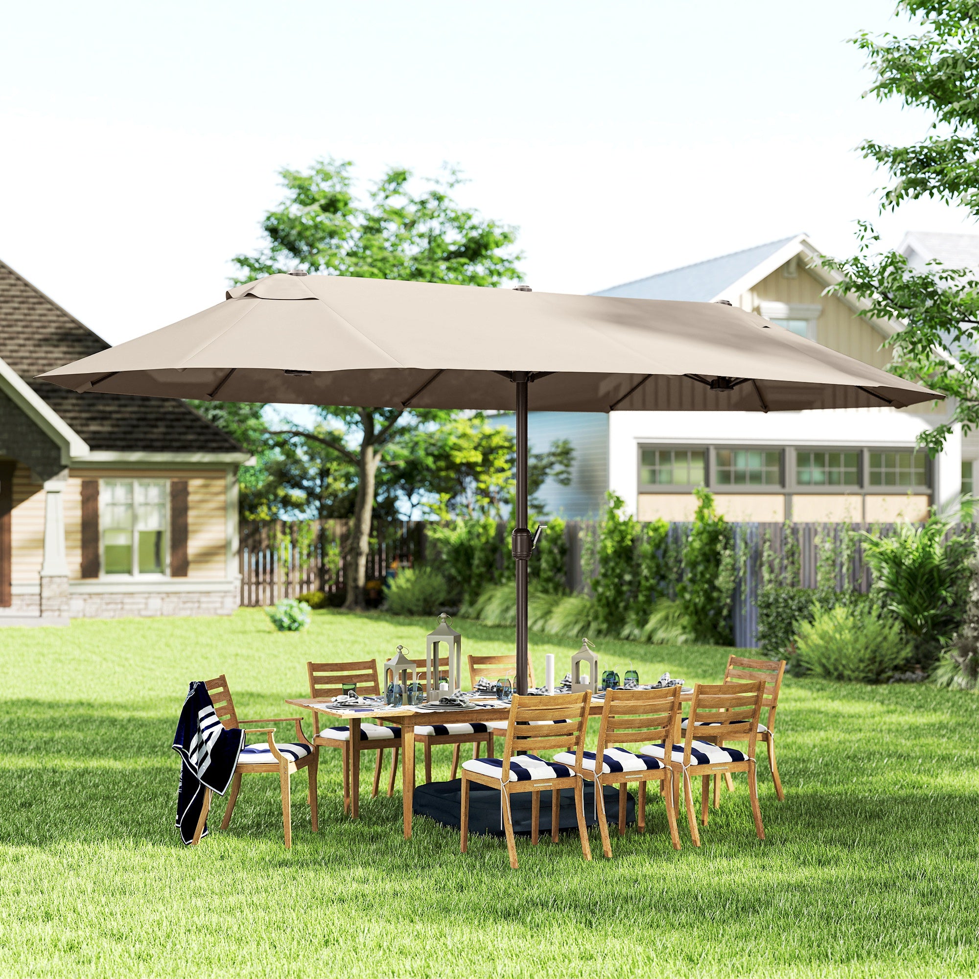 15' Outdoor Patio Umbrella with Twin Canopy Sunshade Steel Table Umbrella w/ Lift Crank, Cross Base, Sandbag, Khaki
