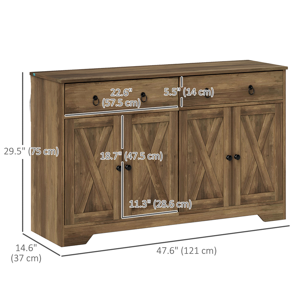 Sideboard Cabinet with 2 Drawers, 4 Barn Doors and 2 Adjustable Shelves, Buffet Table for Living Room, Light Brown