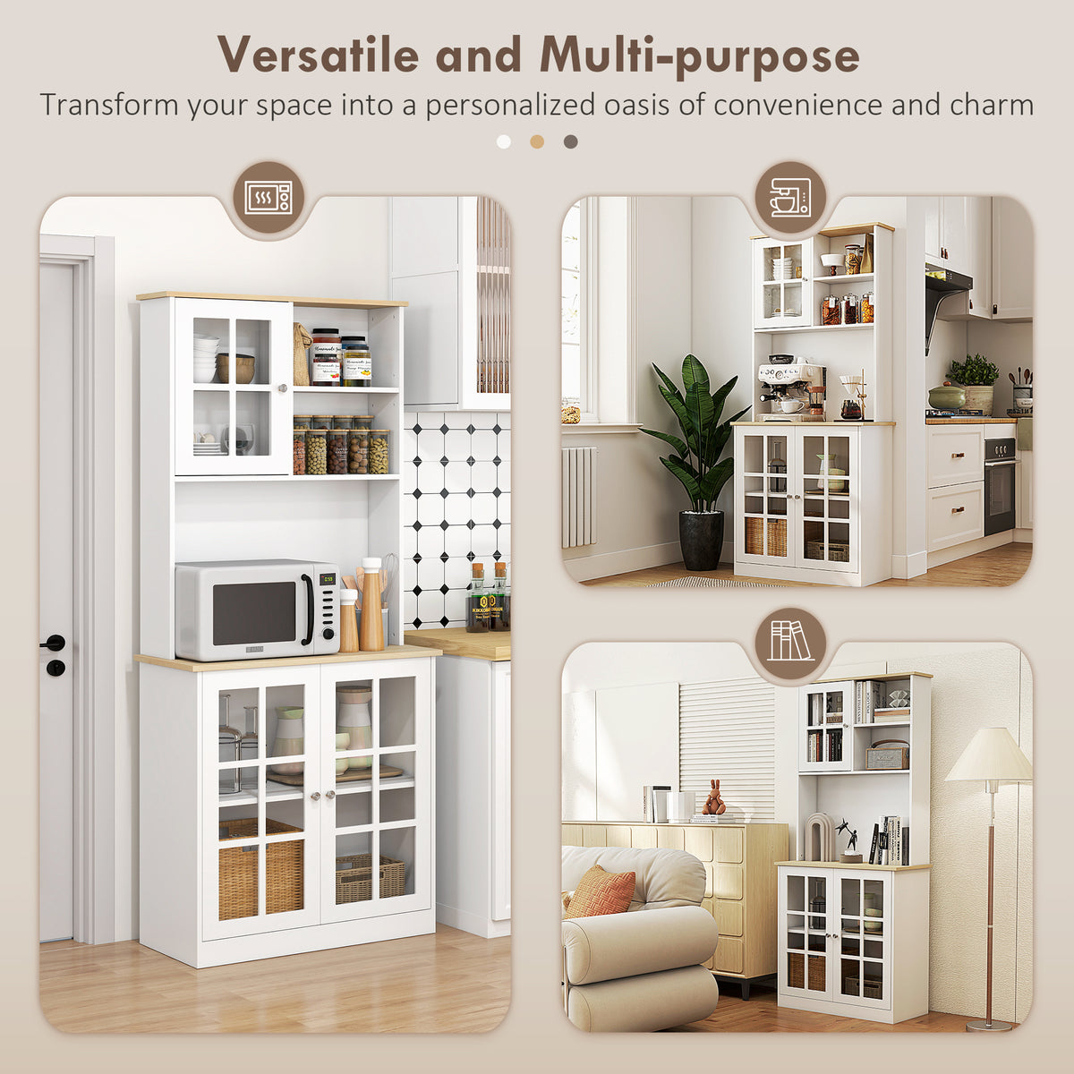 Kitchen Buffet with Hutch, Storage Pantry with 3 Cabinets, 2 Open Shelves and Large Countertop, Black