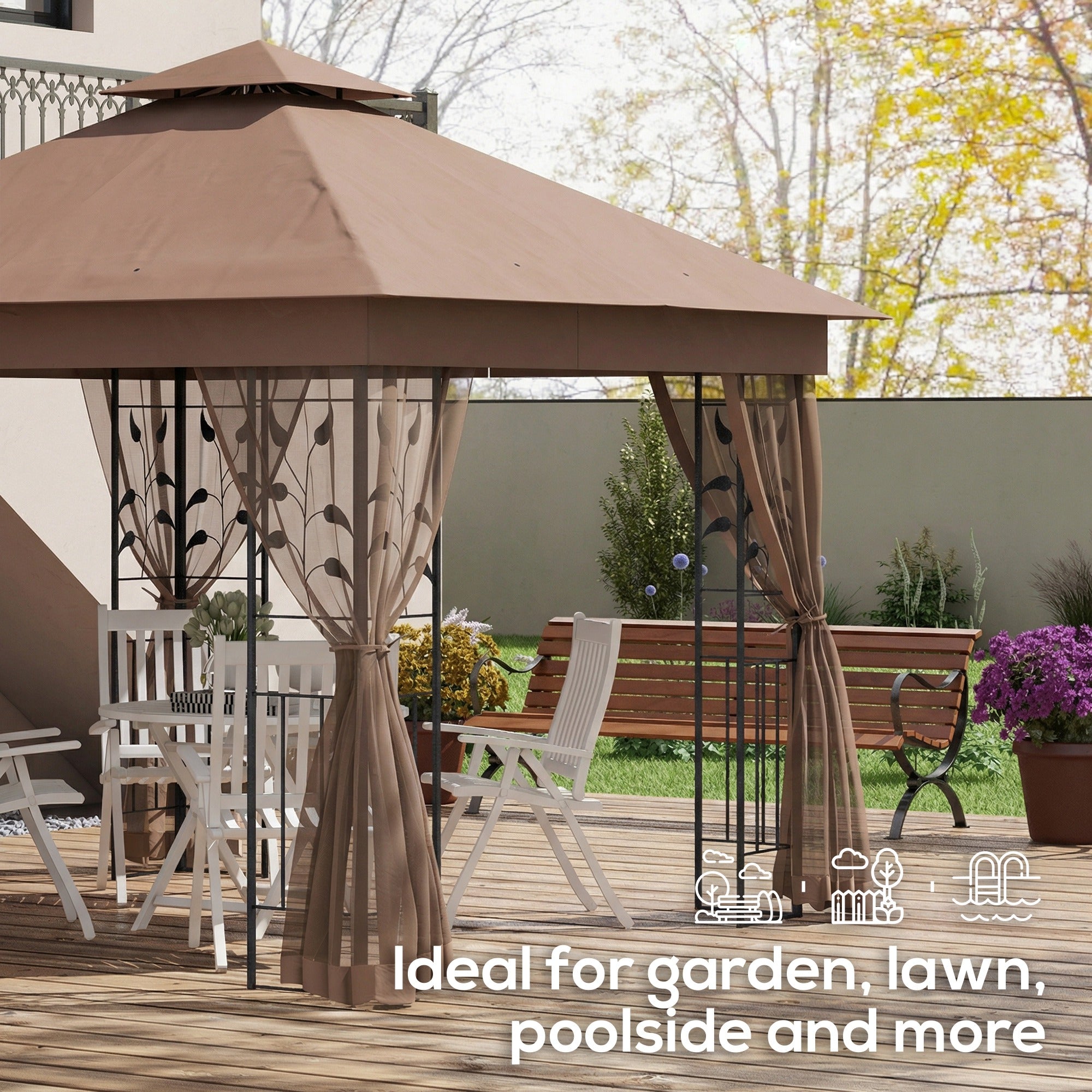 10'x10' ለስላሳ ጫፍ ዘለዎ ሃጥን ፓቲዮ ጋዜቦ ደገ ፀሓይ መከላኸሊ ምስ 2-ደረጃ ፖሊኤስተር ጣሪያ፣ መጋረጃ ጎን ግድርታት፣ ጸሊም ቡናዊ