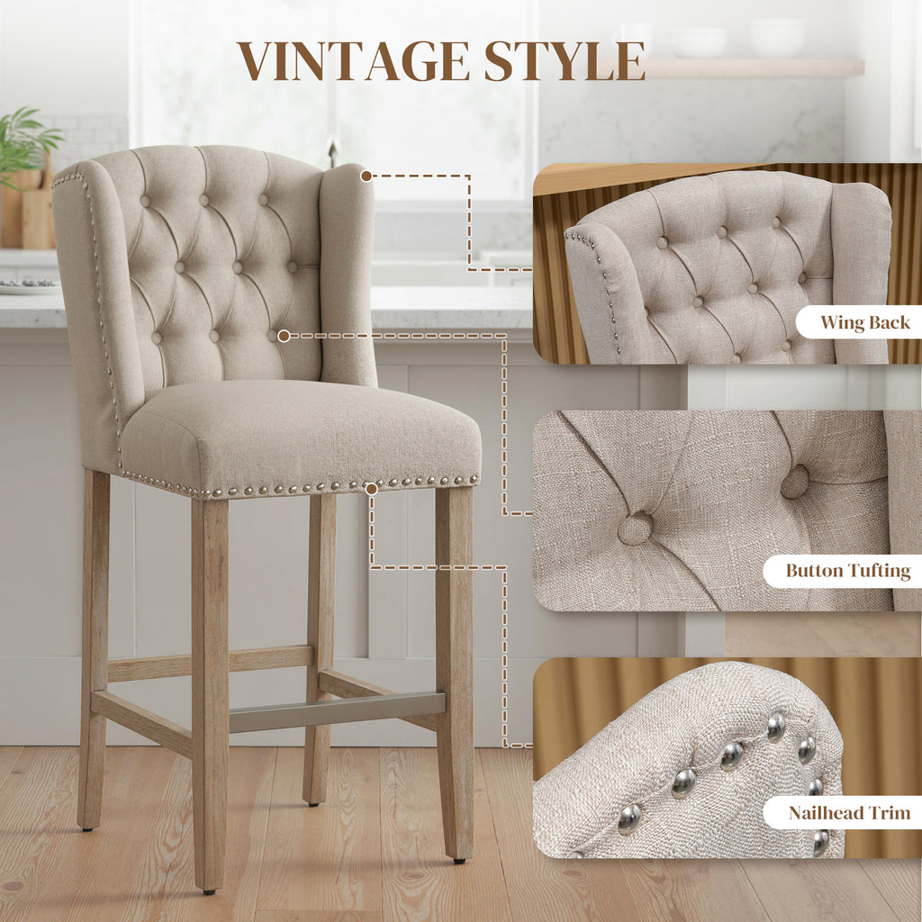 Counter Height Bar Stools Set of 2, Upholstered Bar Chairs with Nailhead Backrest and Footrest, Modern Barstools for Kitchen, Dining Room, Beige