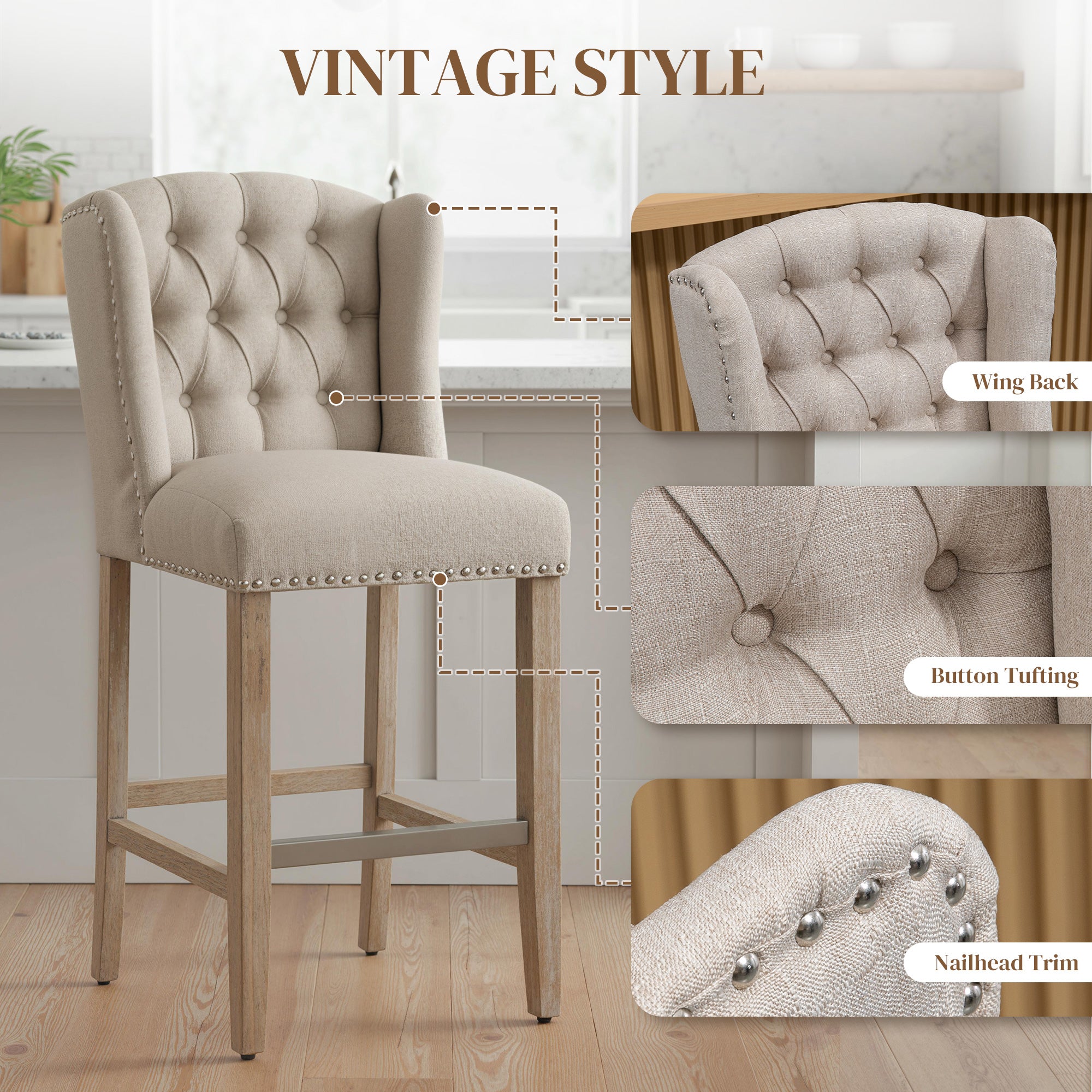 Counter Height Bar Stools Set of 2, Upholstered Bar Chairs with Nailhead Backrest and Footrest, Modern Barstools for Kitchen, Dining Room, Beige