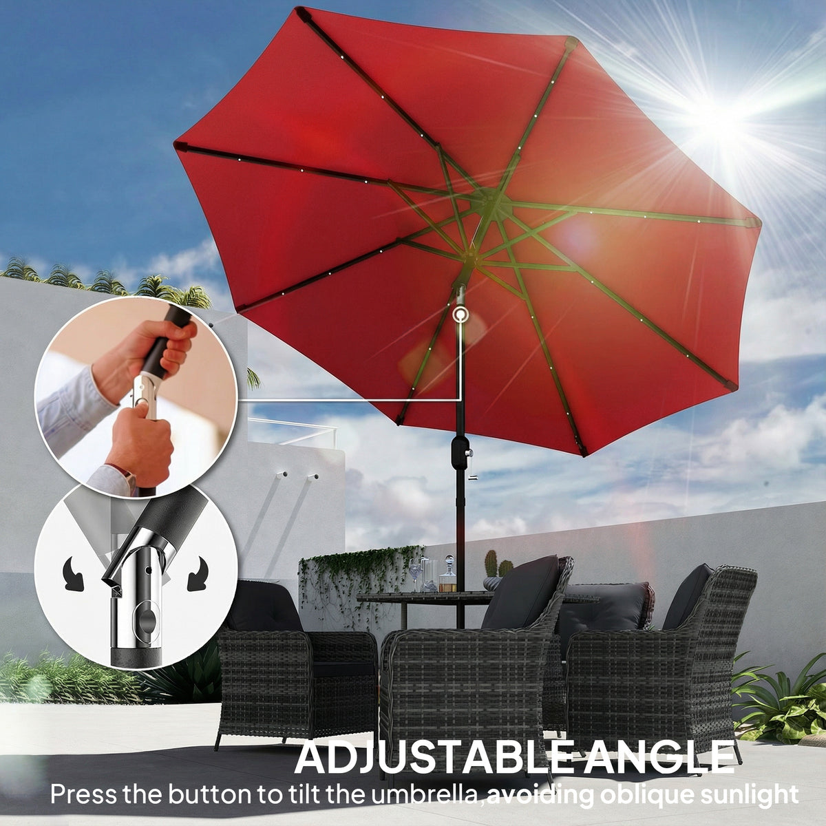 9ft Solar Patio Umbrella Outdoor Sunshade 24 LED Lights Tilt Canopy, Wine Red