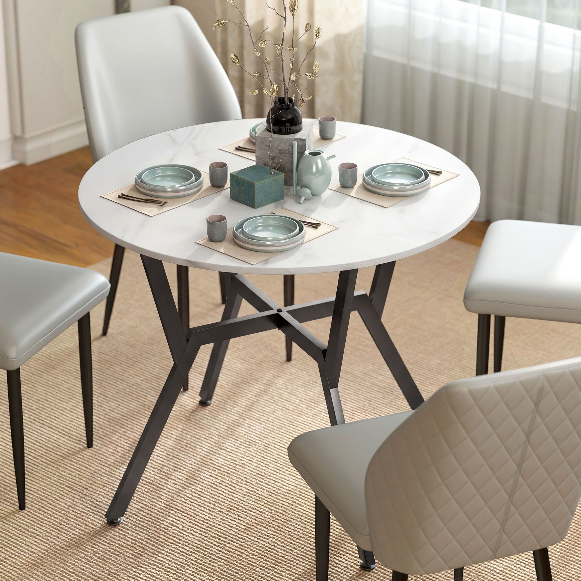 35" Round Dining Table, Modern Dining Room Table with Steel Frame, Space Saving Small Kitchen Table, White Marble