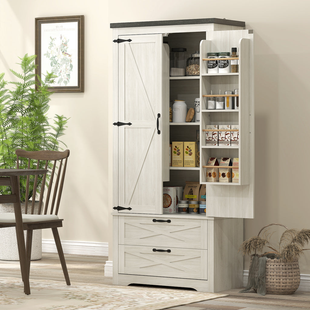 Farmhouse Kitchen Pantry Storage Cabinet, 64" Freestanding Kitchen Pantry Cabinet with Drawers, Distressed White