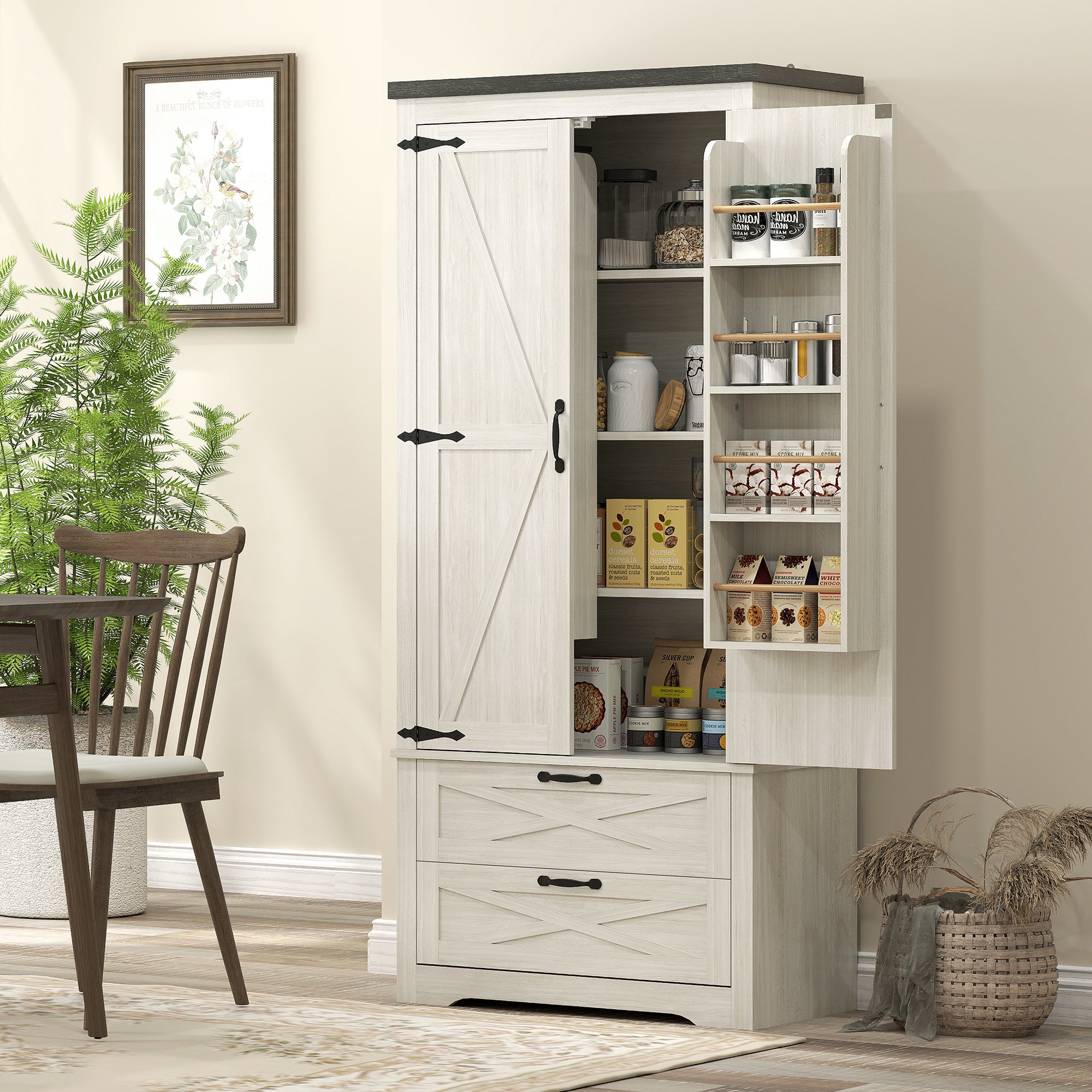 Farmhouse Kitchen Pantry Storage Cabinet, 64" Freestanding Kitchen Pantry Cabinet with Drawers, Distressed White