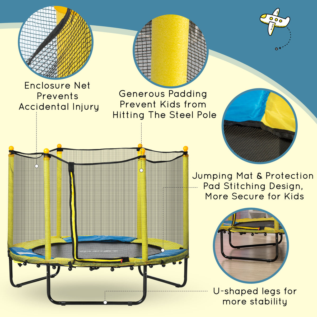 Qaba 4.6FT Trampoline for Kids with Enclosure Net for Ages 3-6, Indoor Outdoor Use, Black