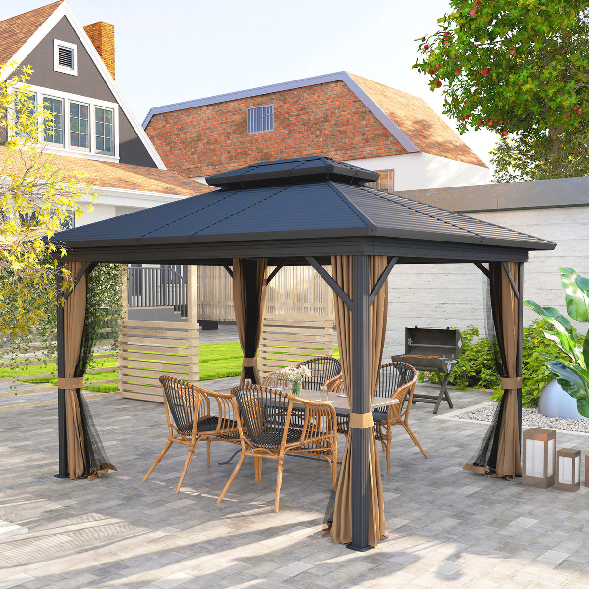 10' x 10' Hardtop Gazebo, Sun Shelter with Double Tier Metal Roof, Mosquito Netting, and Hanging Hook, Dark Brown