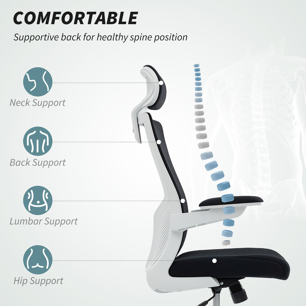 Ergonomic Office Chair, Swivel Desk Chair with Adjustable Lumbar Support, Headrest and Height, Flip-up Armrests, Grey