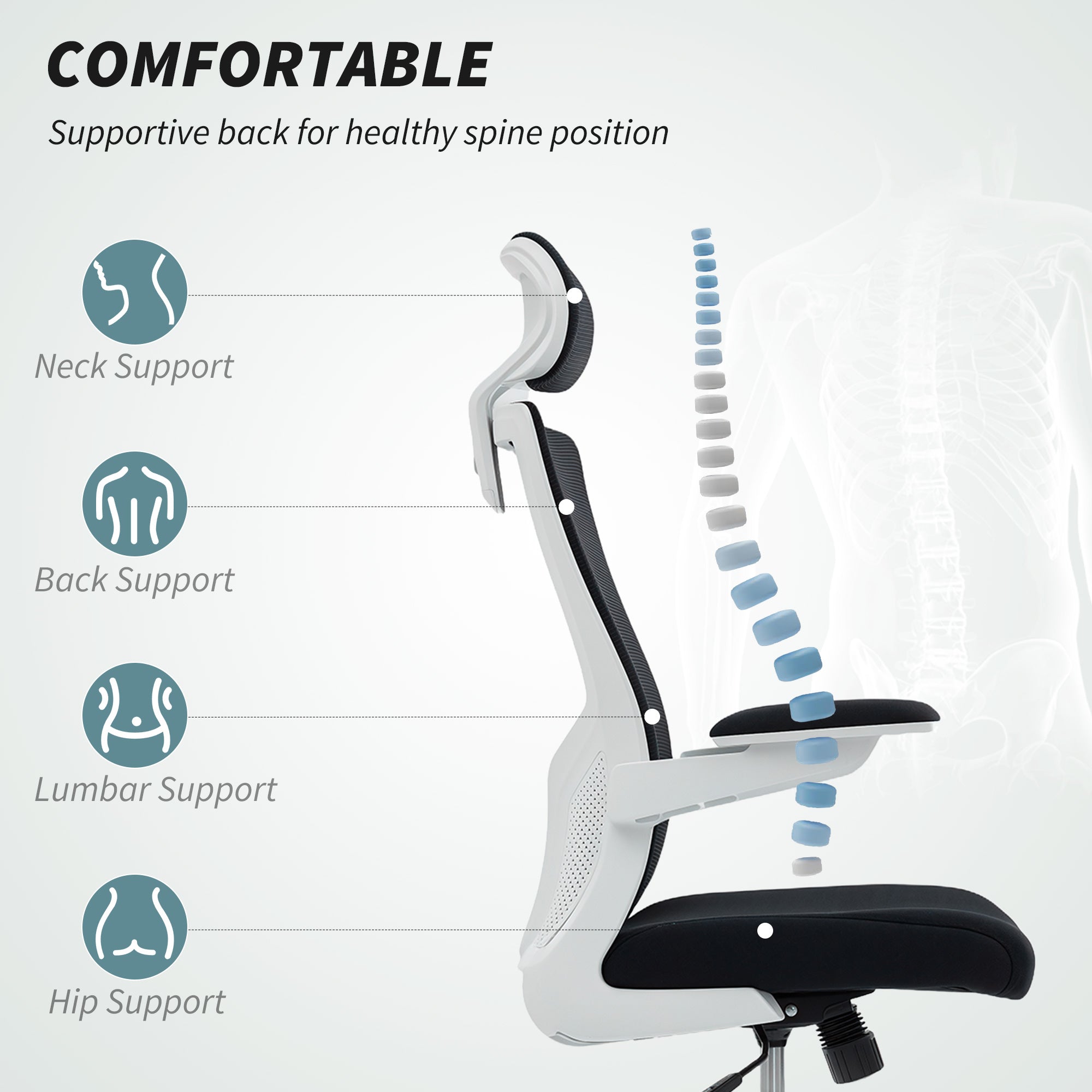 Ergonomic Office Chair, Swivel Desk Chair with Adjustable Lumbar Support, Headrest and Height, Flip-up Armrests, Grey